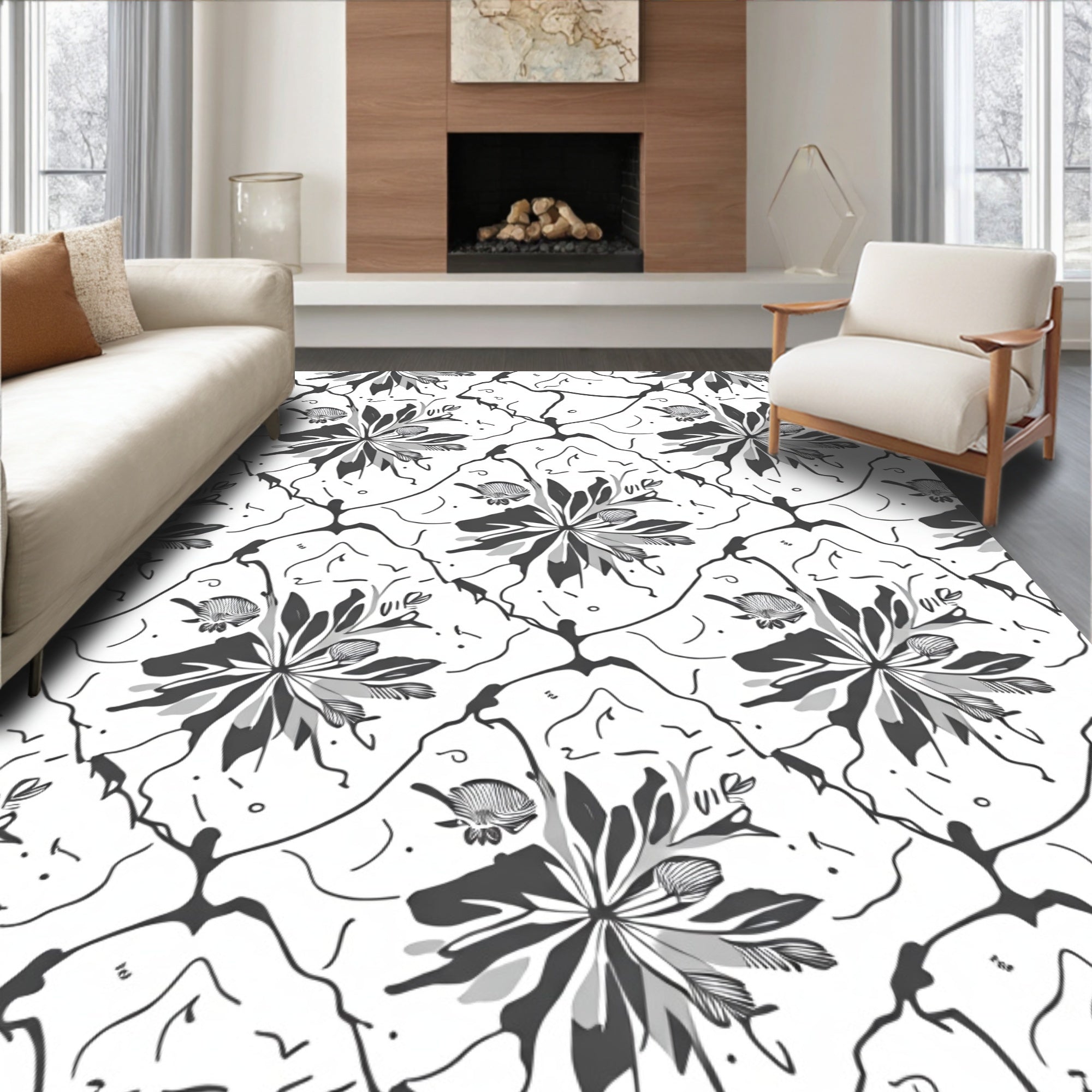 Monochromatic Floral And Line Art Design Rug