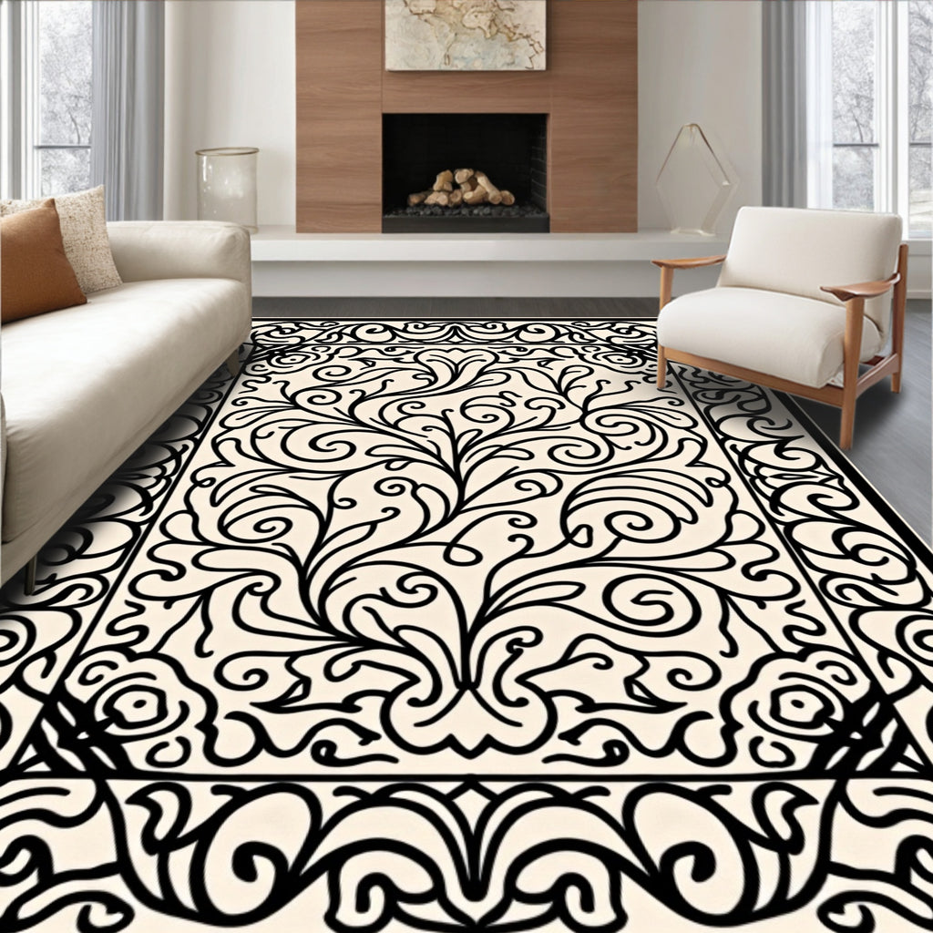 Black White Flourishing Scroll Pattern Rug