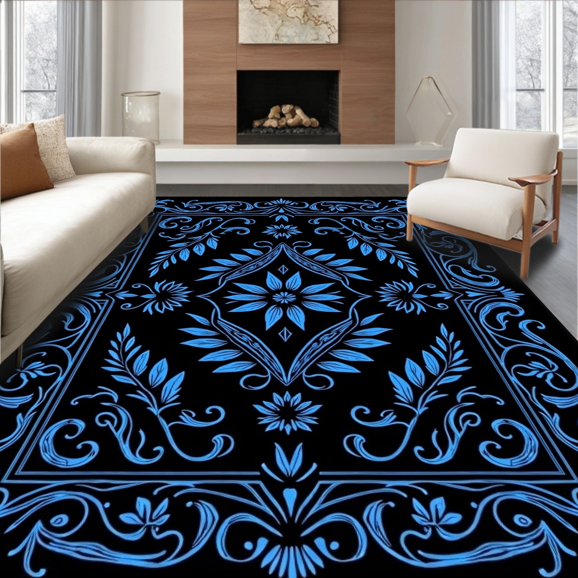 Vintage Blue Floral Frame Pattern Rug