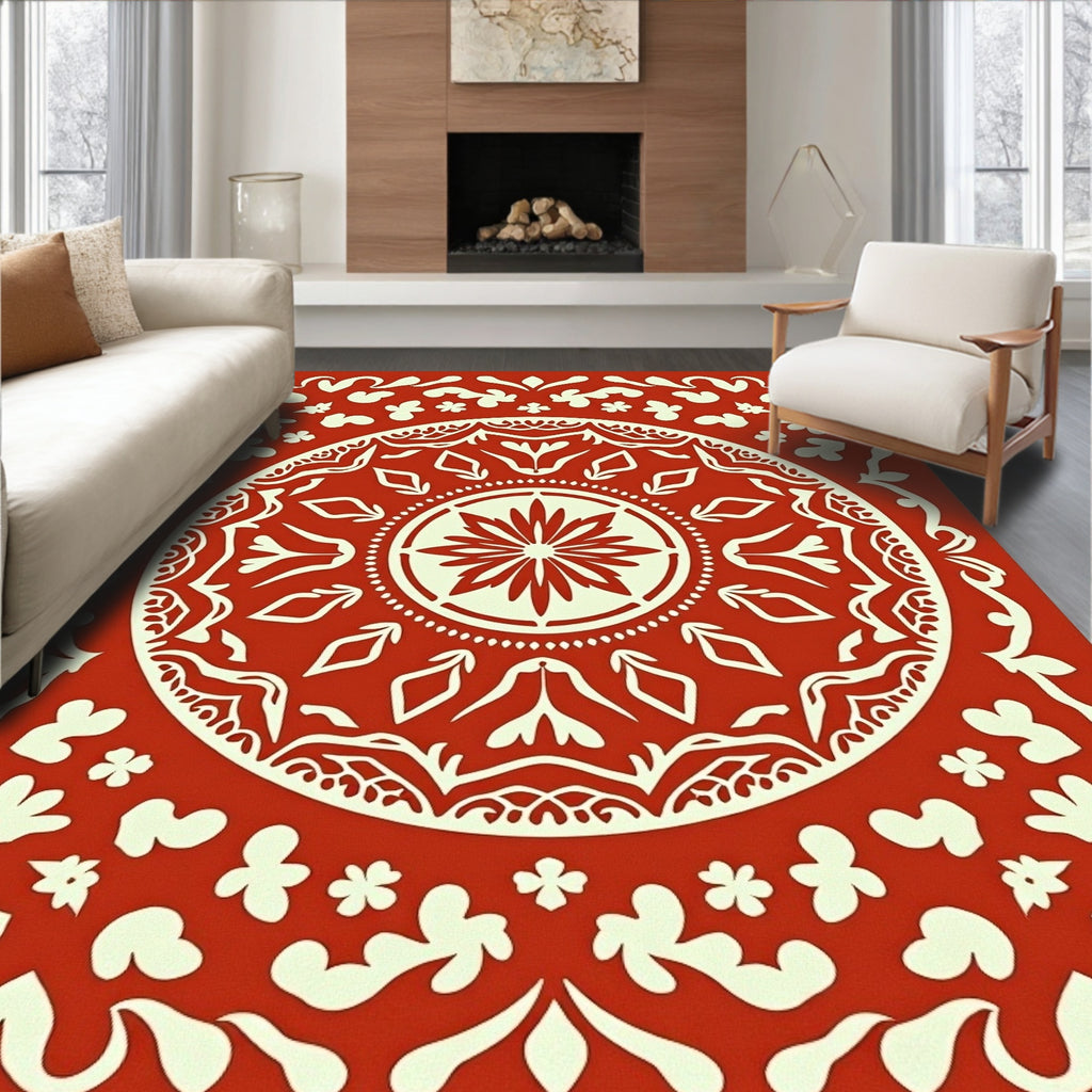Crimson Floral Mandala Pattern Rug