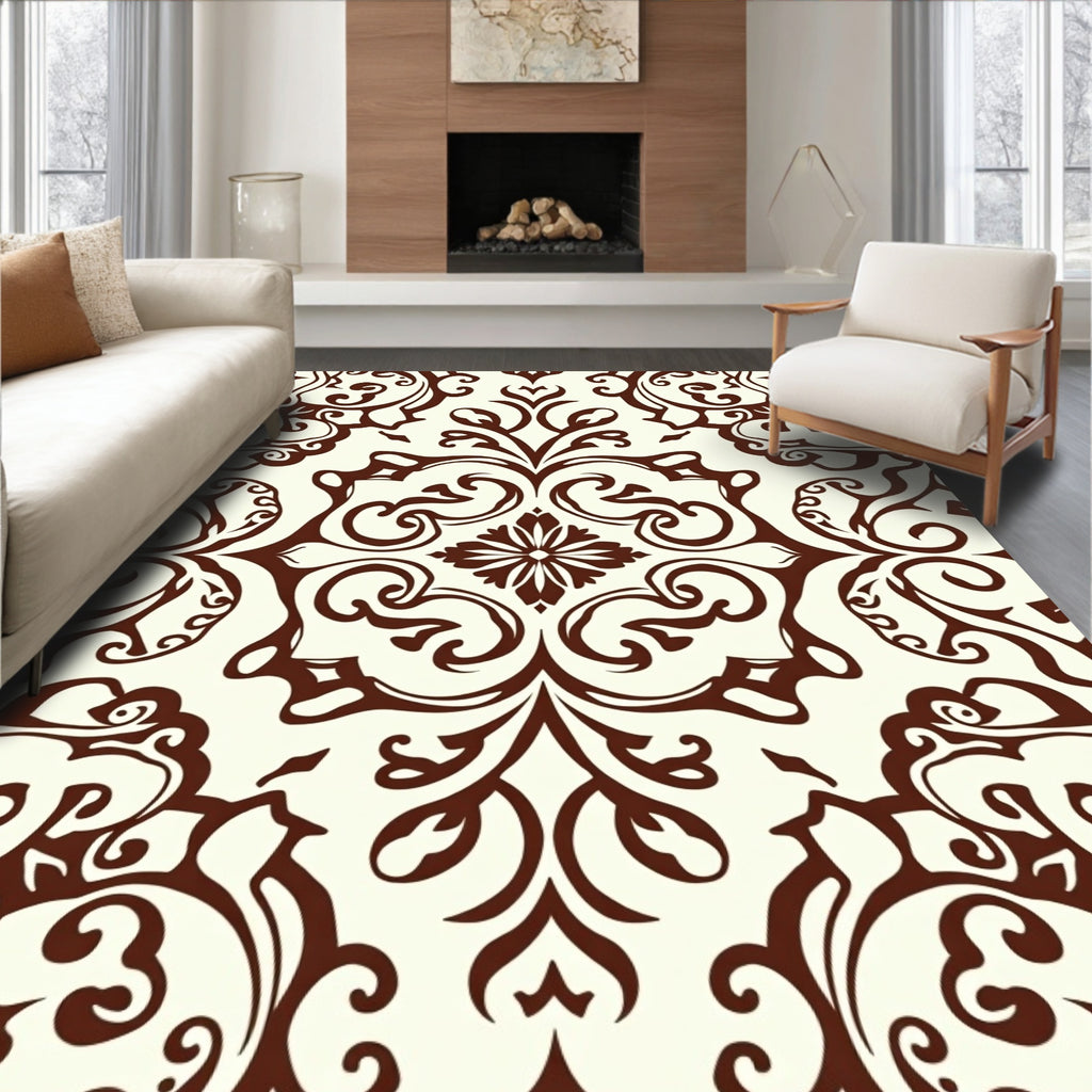 Ornate Brown Floral Scroll Design Rug