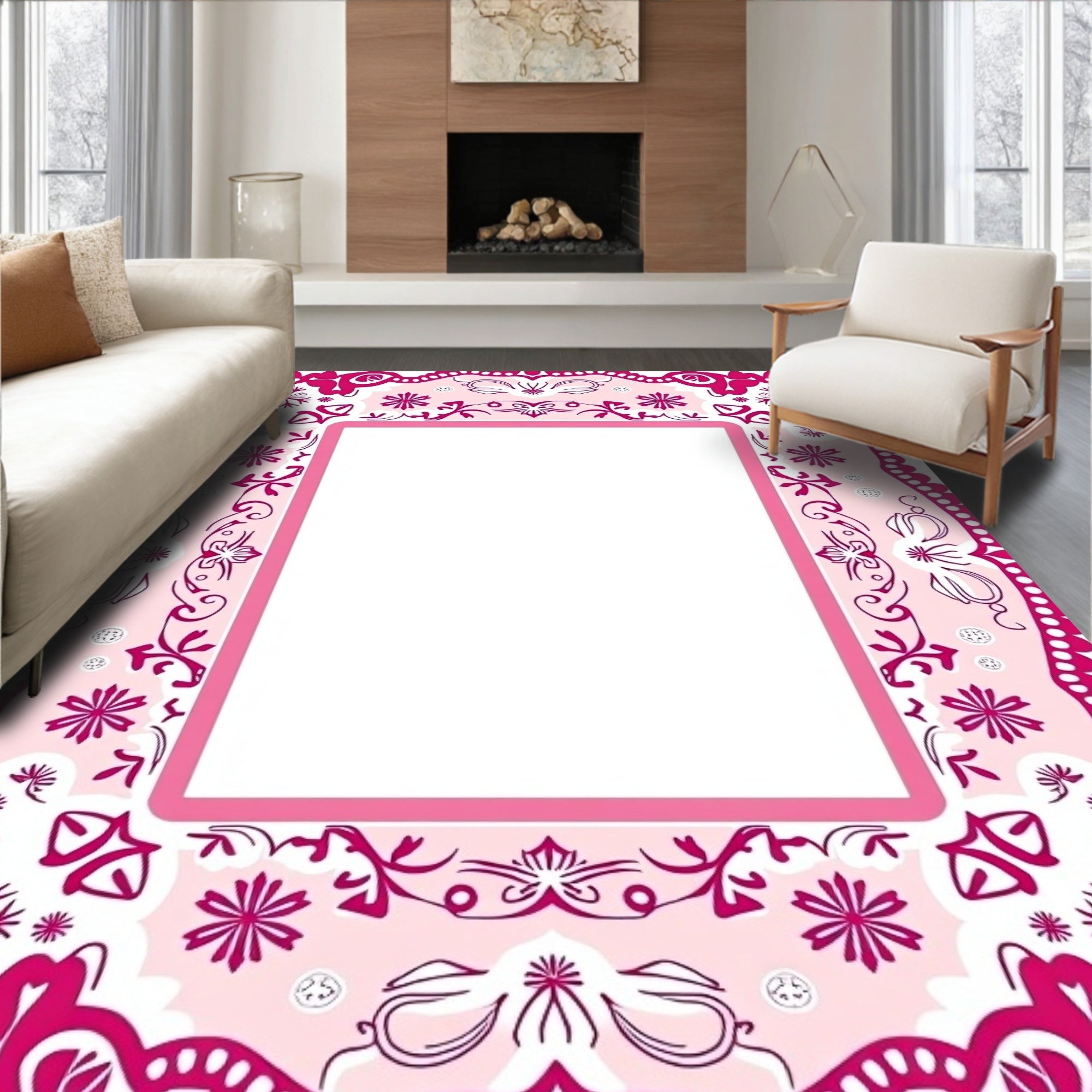 Pink Floral Intricate Border Rug