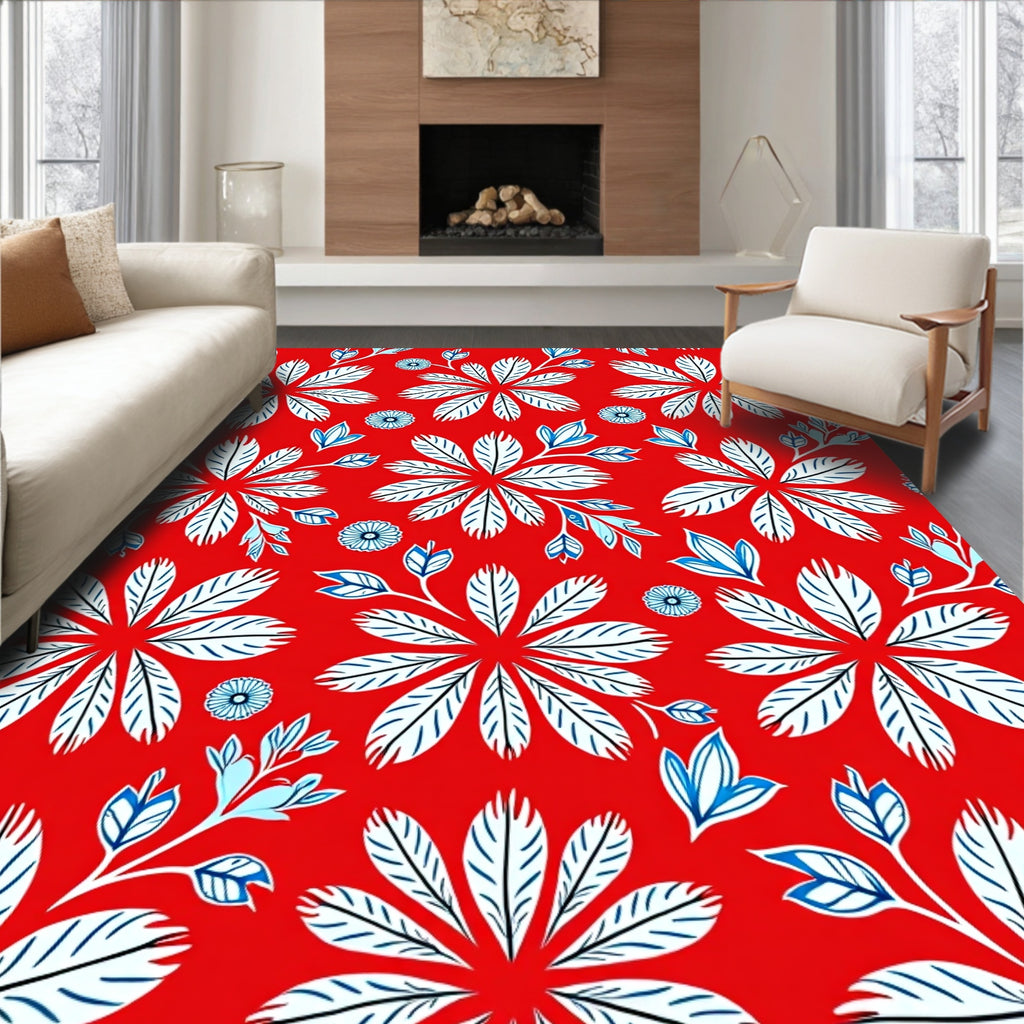 Red White Blue Floral Patterned Design Rug