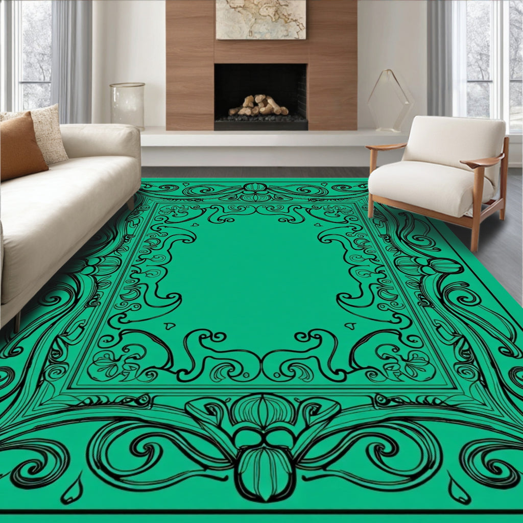 Art Nouveau Black Green Floral Design Rug