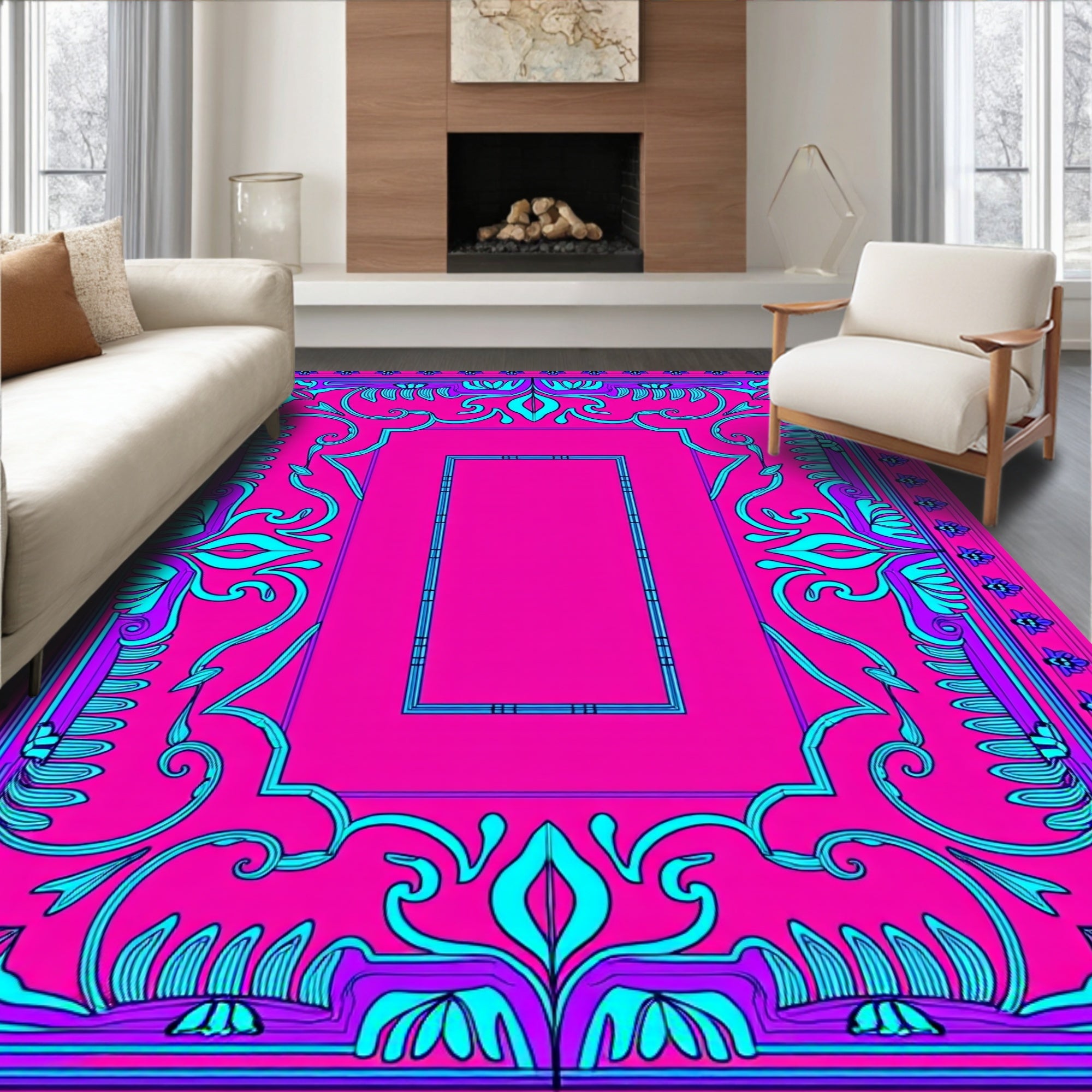 Vibrant Pink Teal Floral Frame Rug