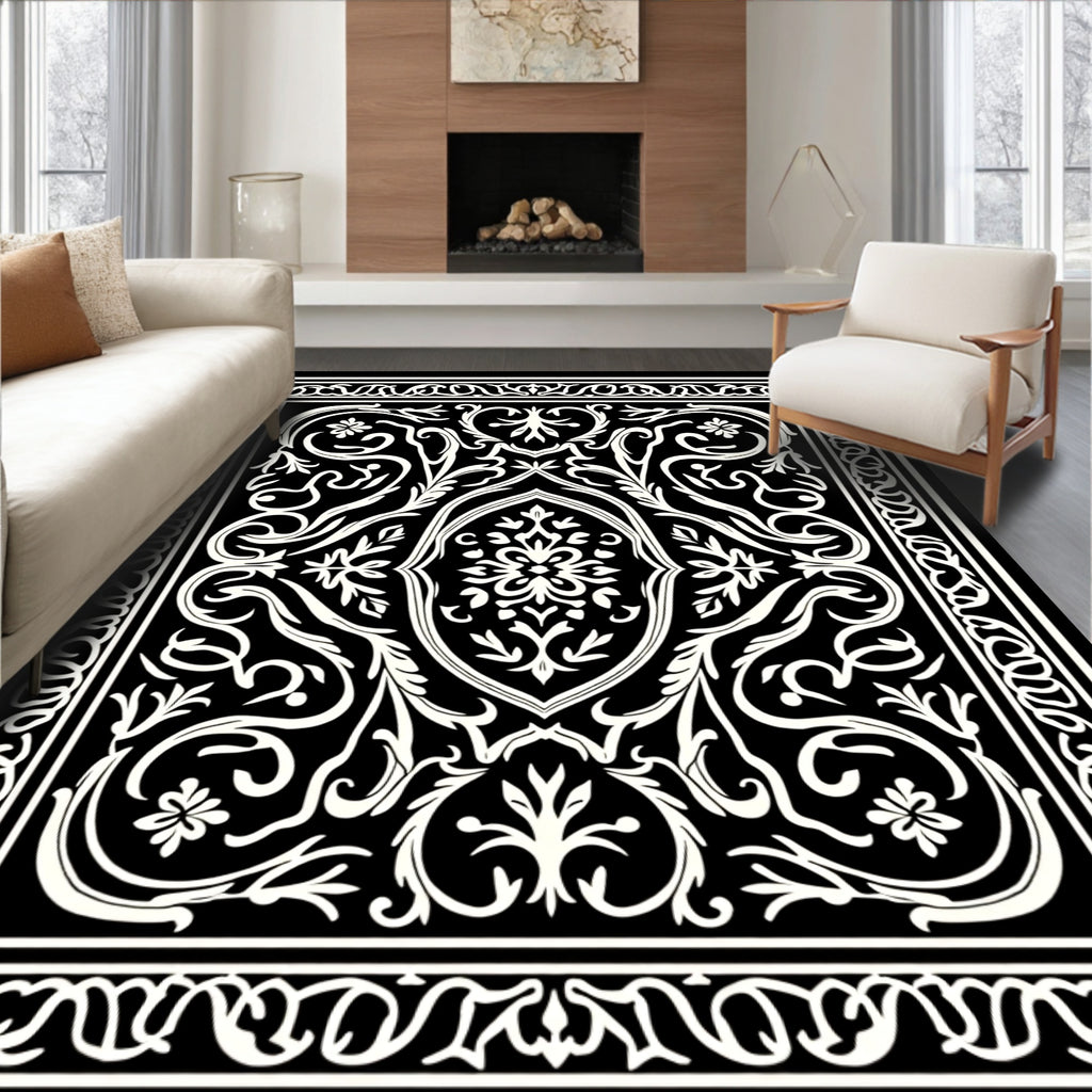 Black White Floral and Scroll Pattern Rug