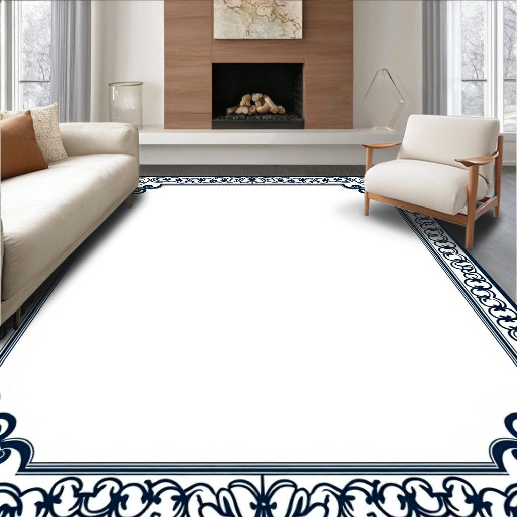 Dark Blue Floral Scroll Border Design Rug