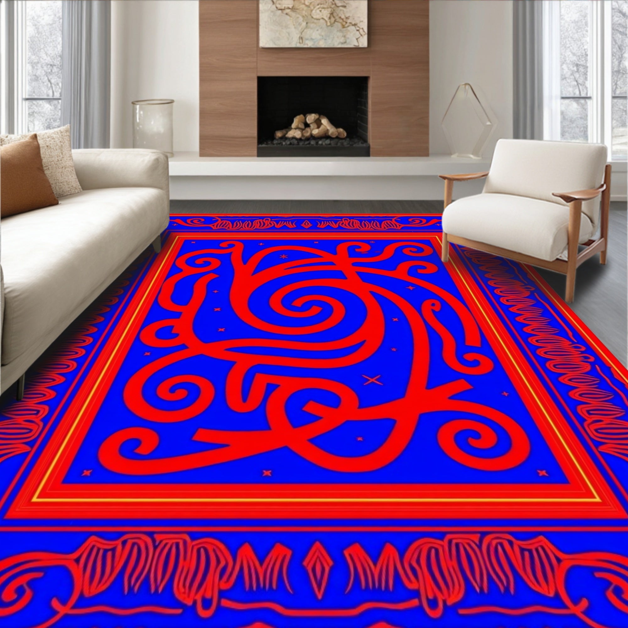 Bold Red Swirl Abstract Blue Design Rug