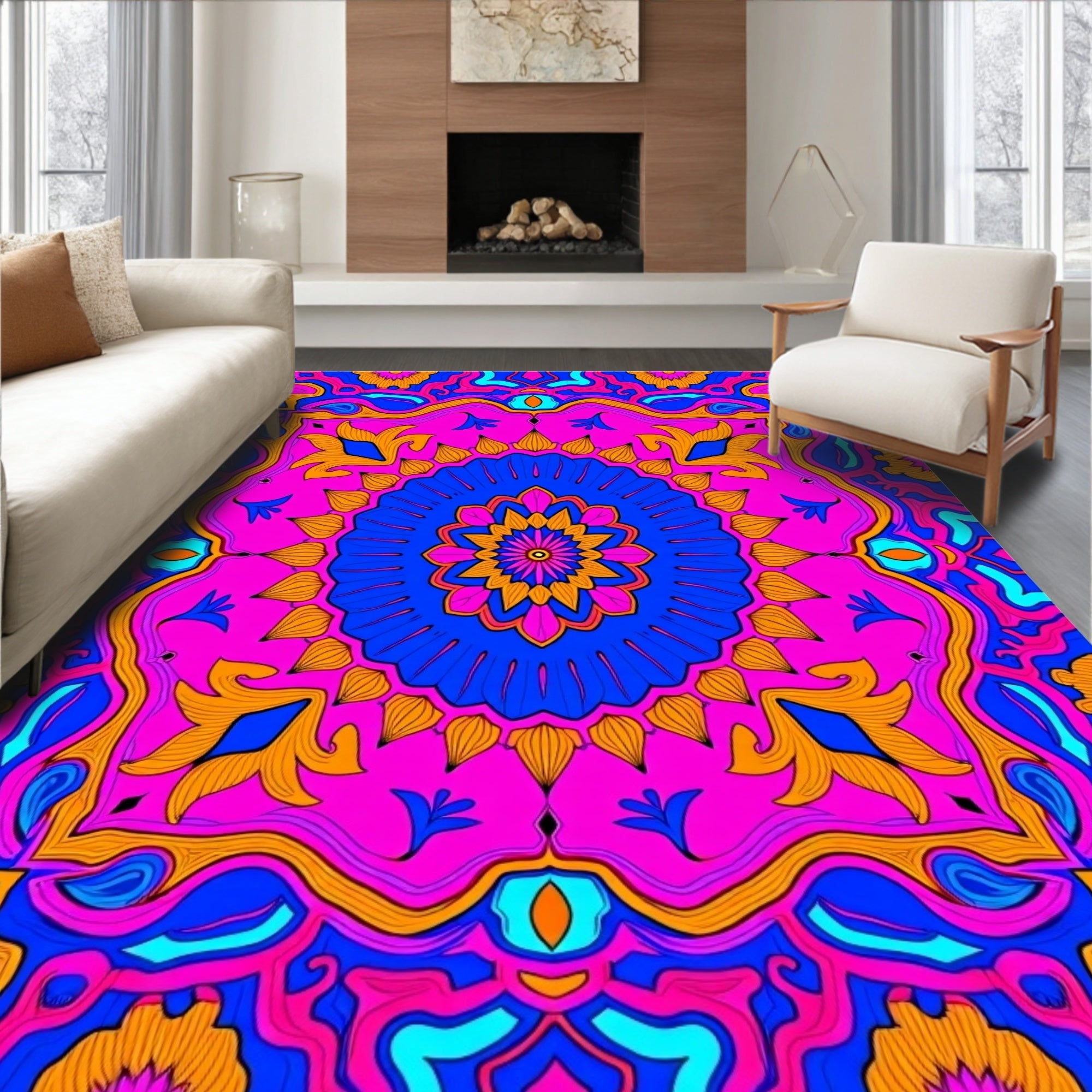 Vibrant Magenta Blue Floral Medallion Rug