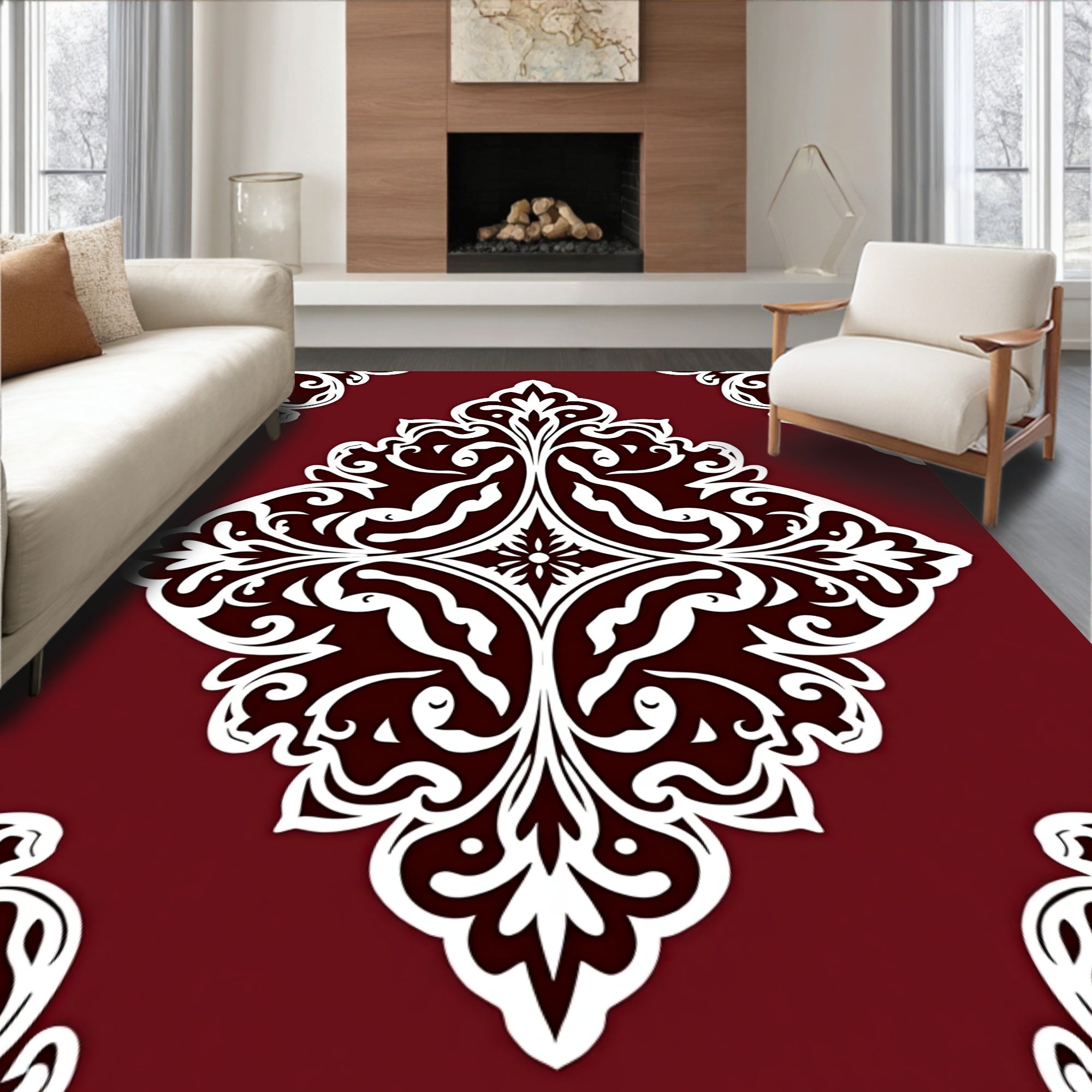 Rich Red Damask Scrollwork Rug