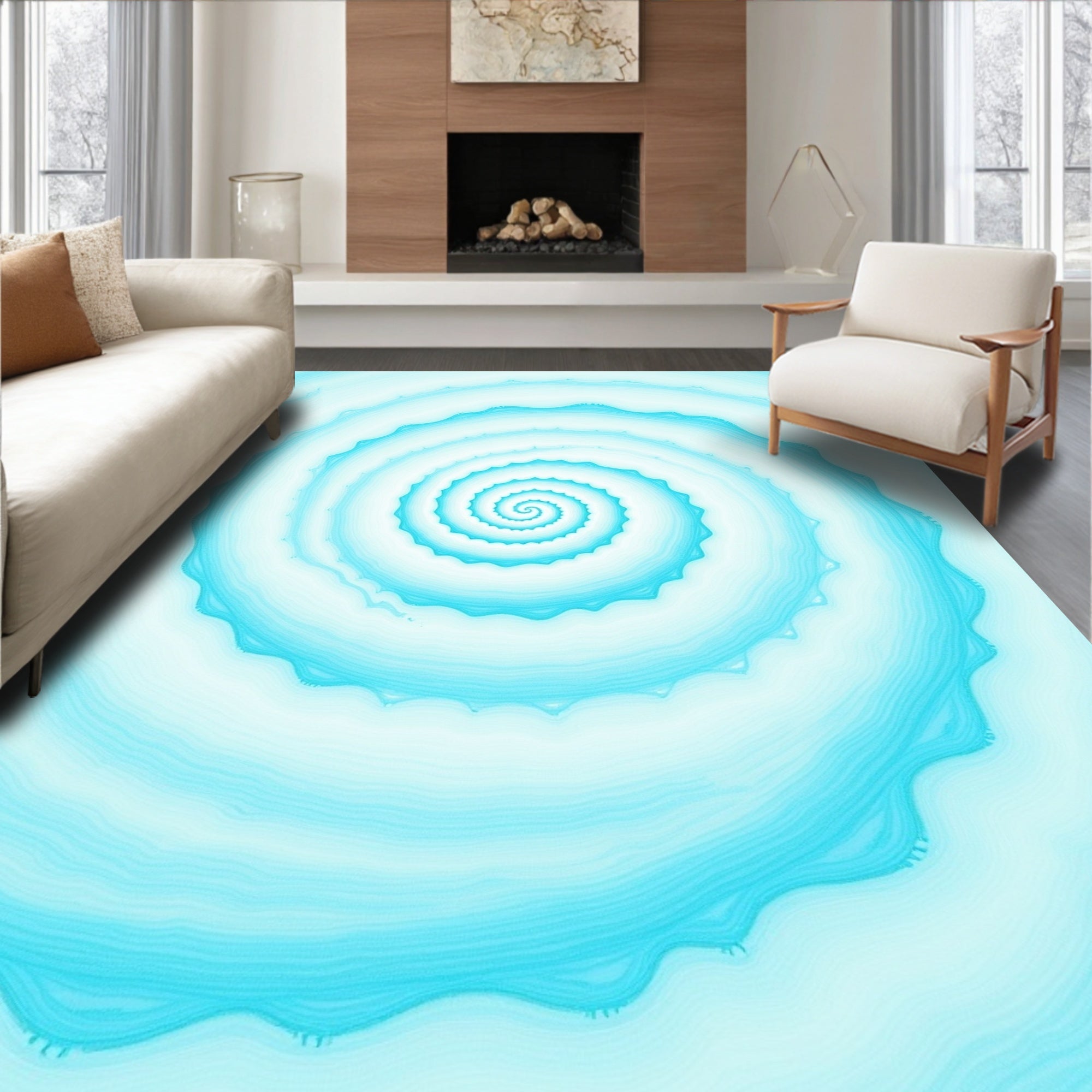 Cool Blue Fractal Spiral Design Rug
