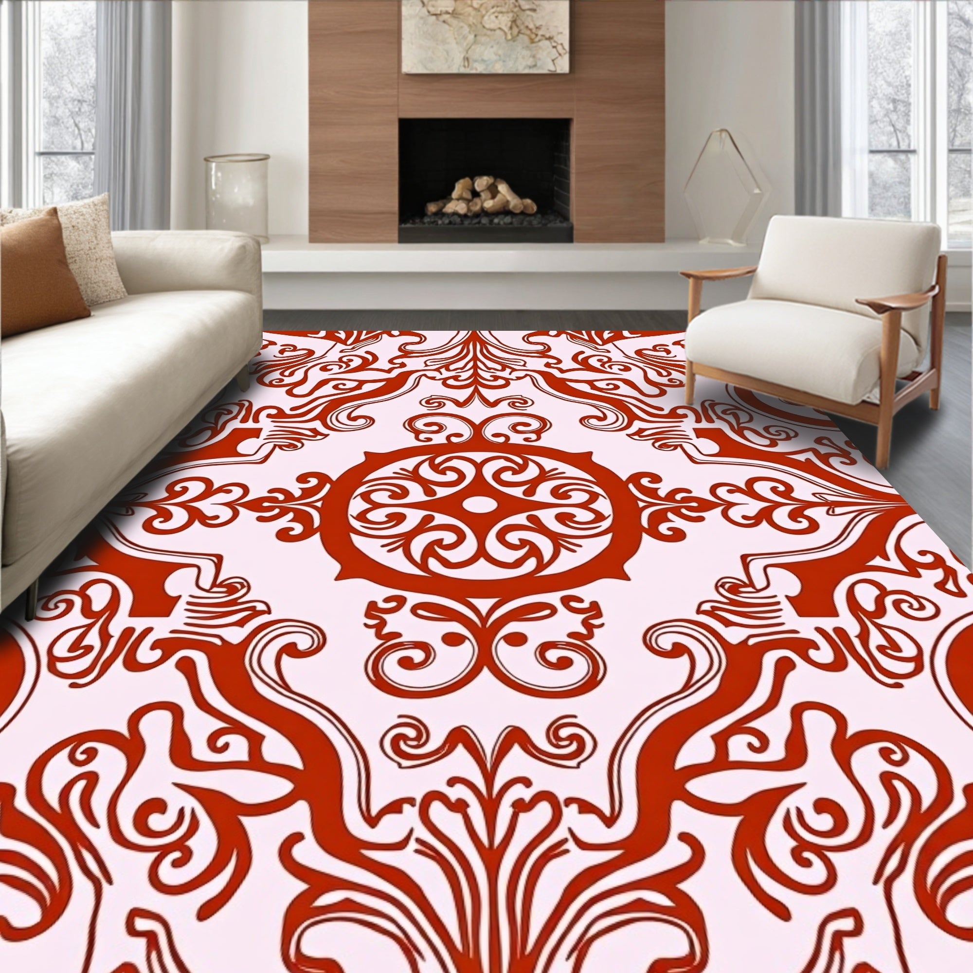 Elegant Red Floral Damask Pattern Rug