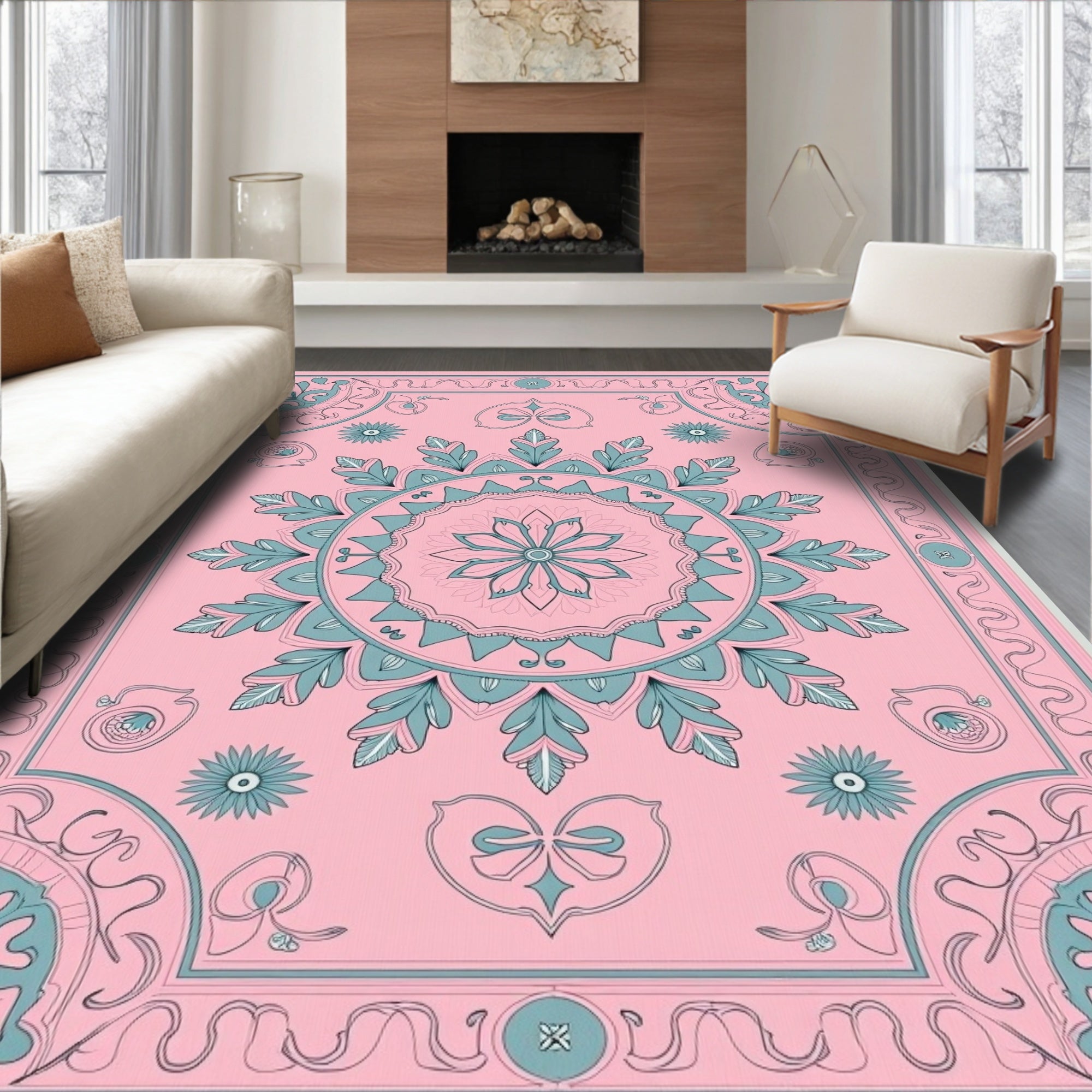 Pink Floral Mandala Art Rug
