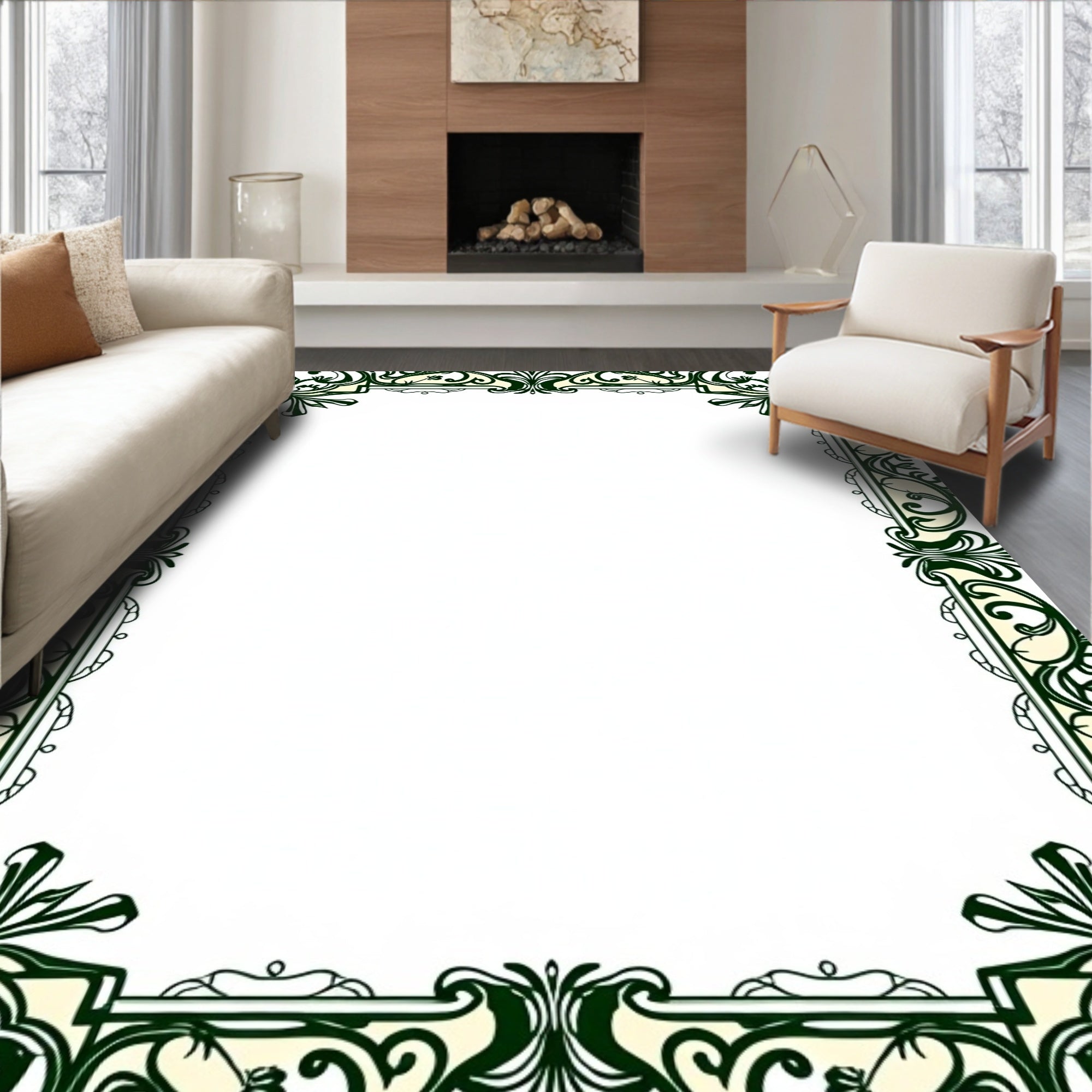 Ornate Floral Scrollwork Border Design Rug