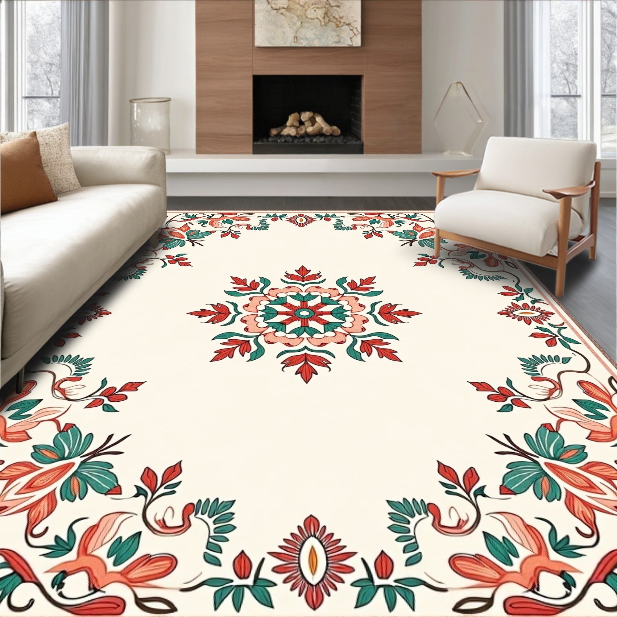 Floral Medallion Symmetry Coral Teal Rug