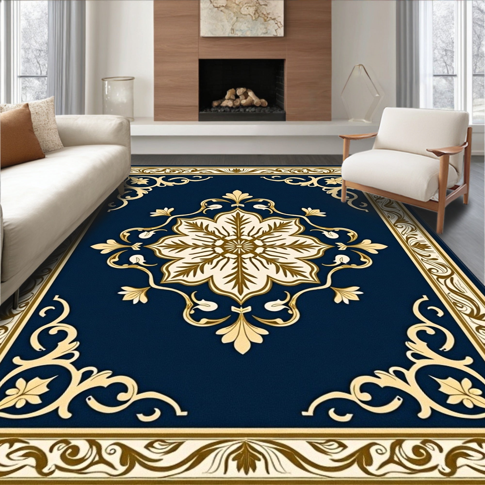 Elegant Blue Gold Floral Medallion Rug