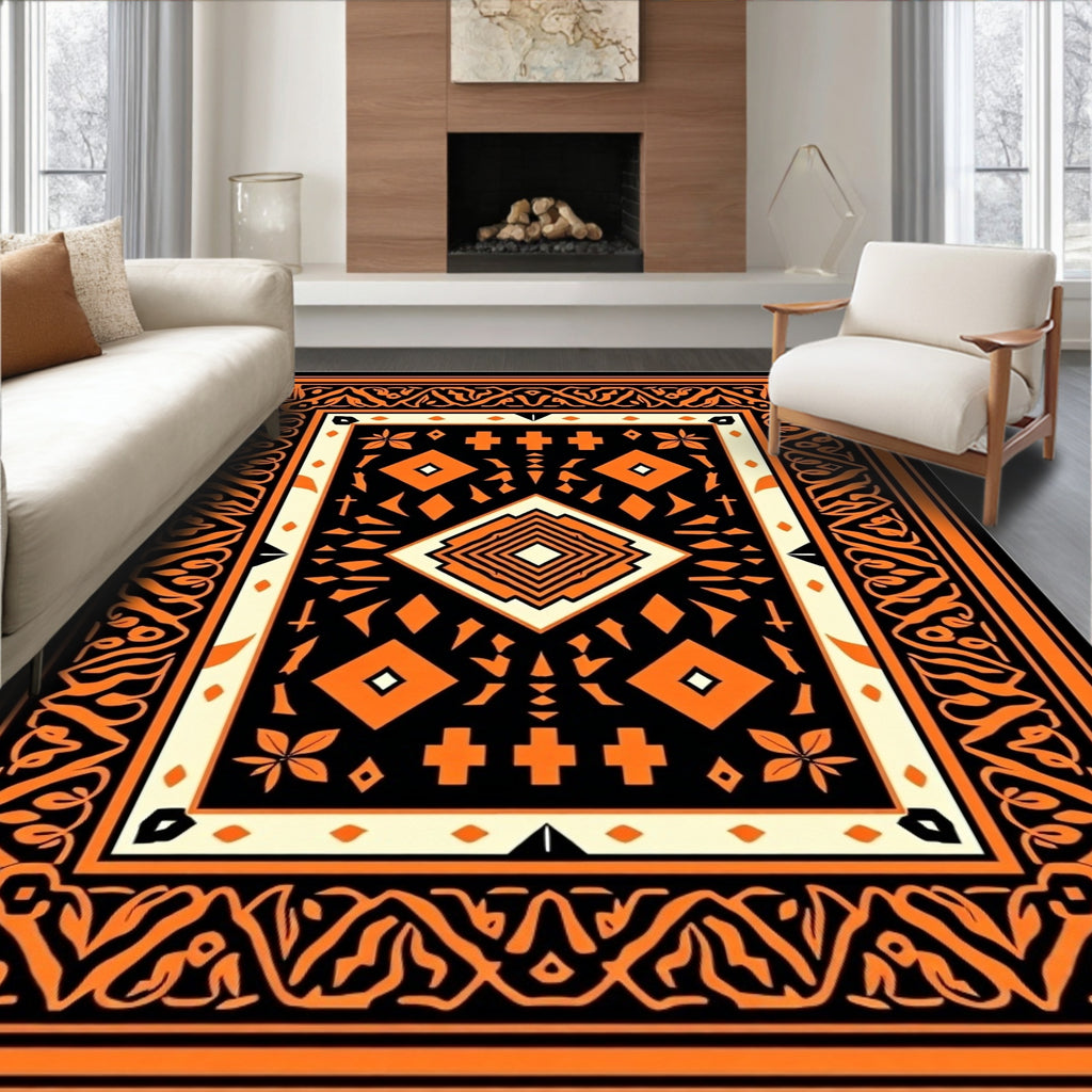 Bold Orange Geometric Tribal Pattern Rug