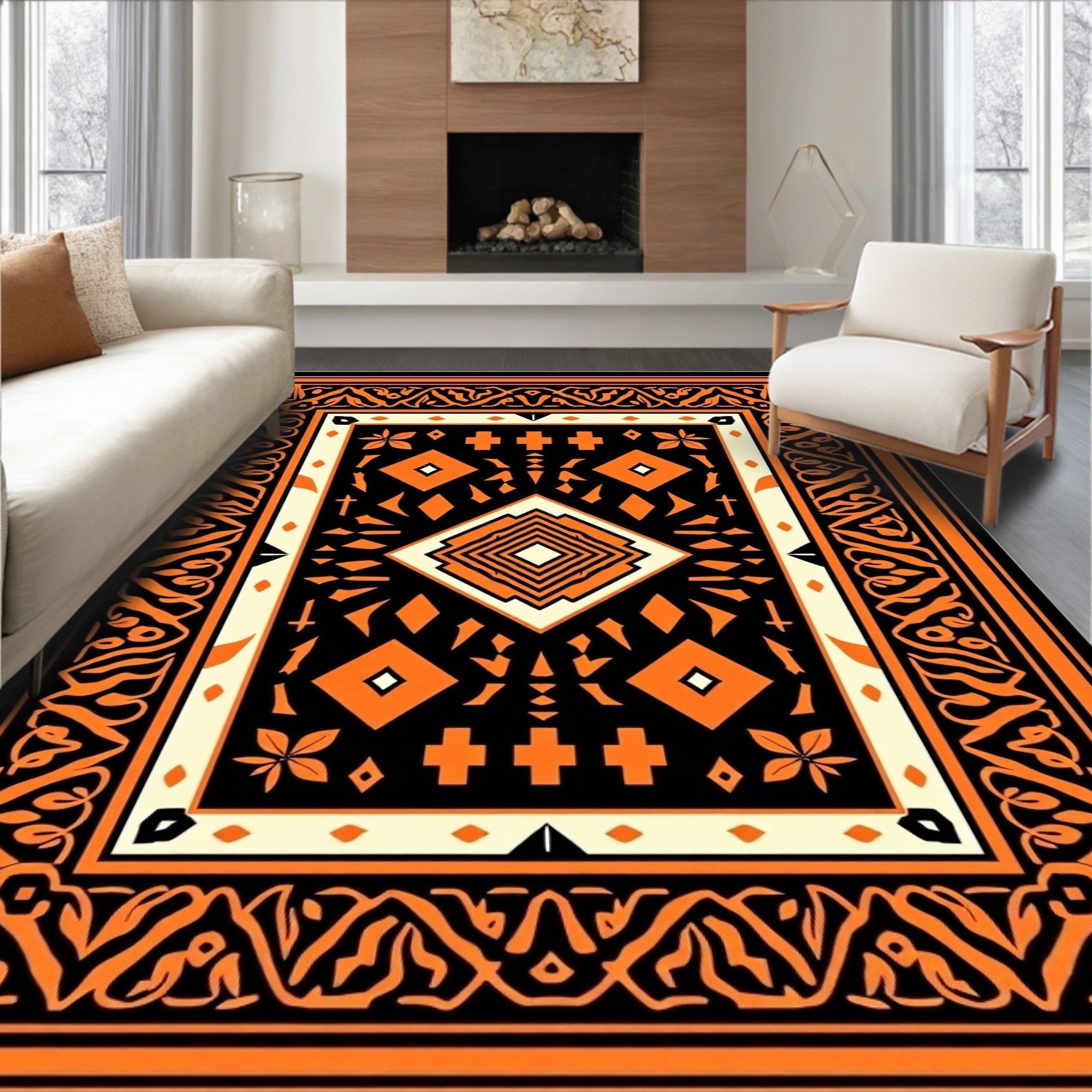 Bold Orange Geometric Tribal Pattern Rug