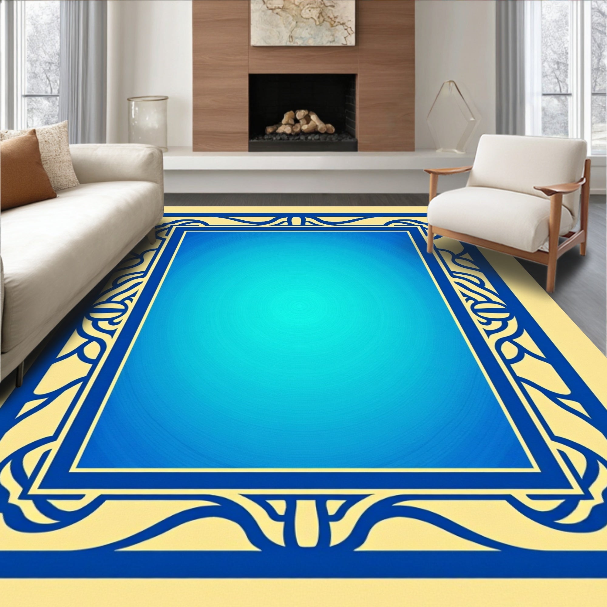 Ornate Blue Frame Geometric Pattern Rug
