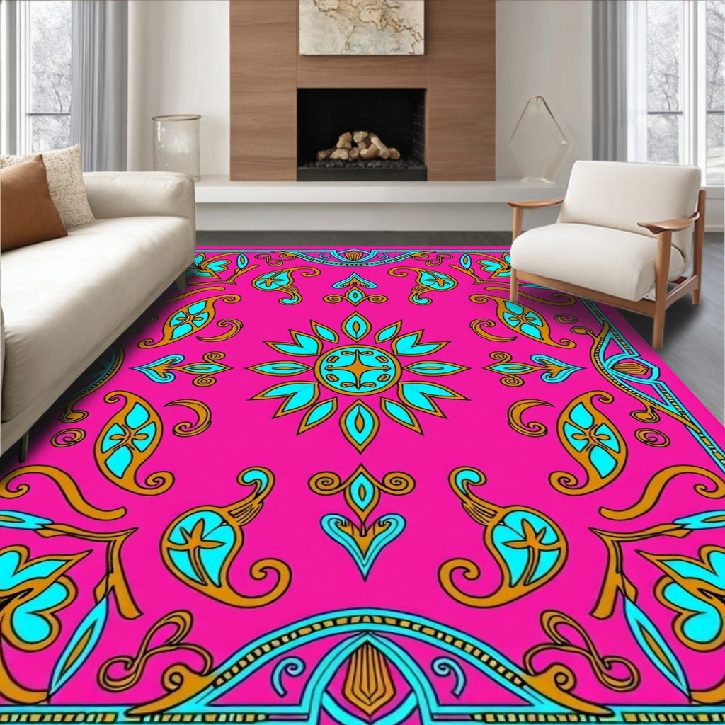 Vivid Pink Paisley Floral Mandala Rug