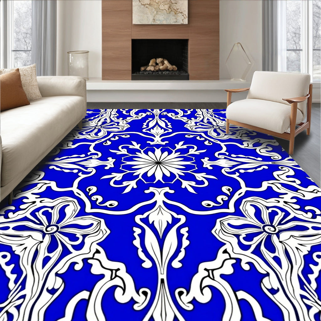 Elegant Azure Floral Scroll Pattern Rug