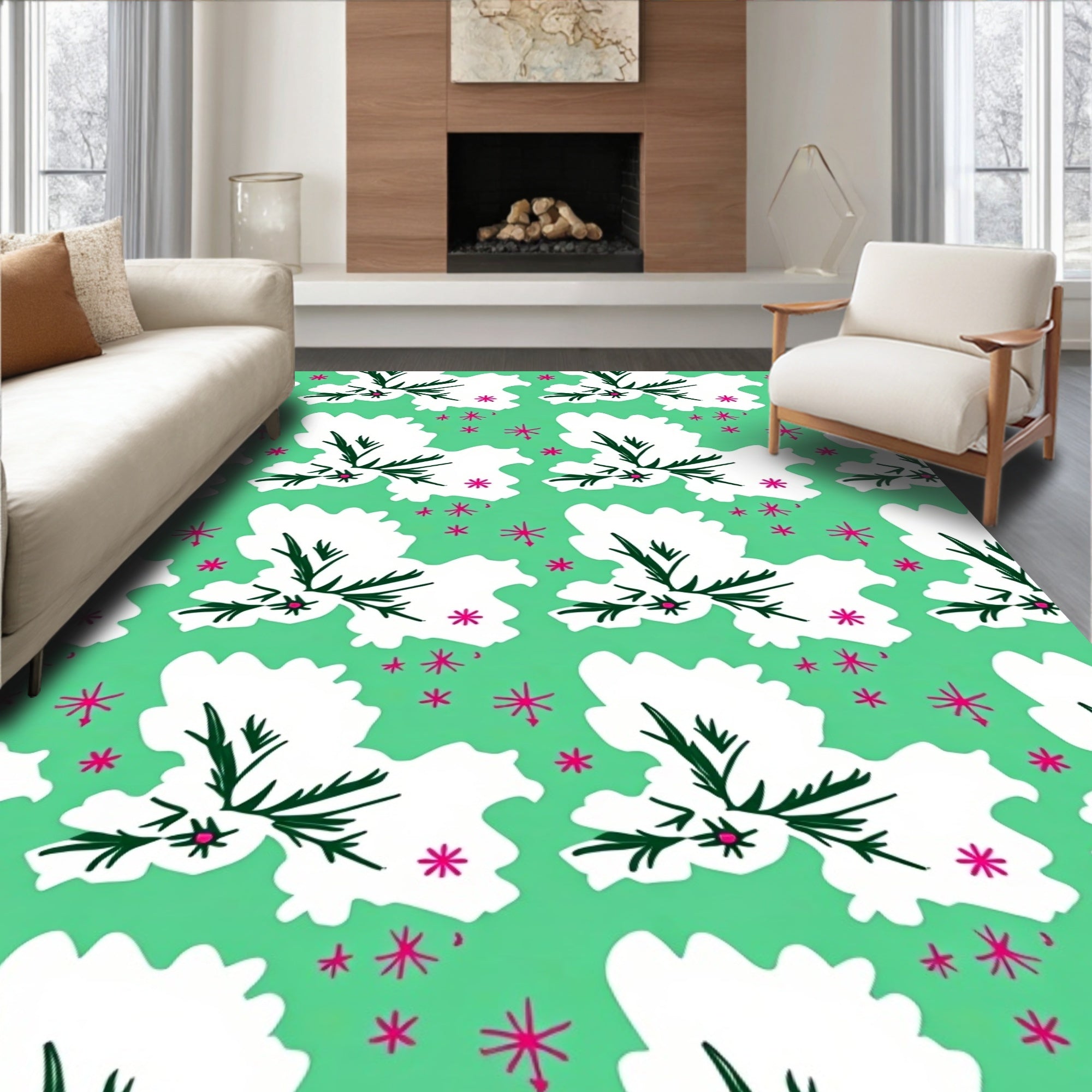 Green White Twig Starburst Rug