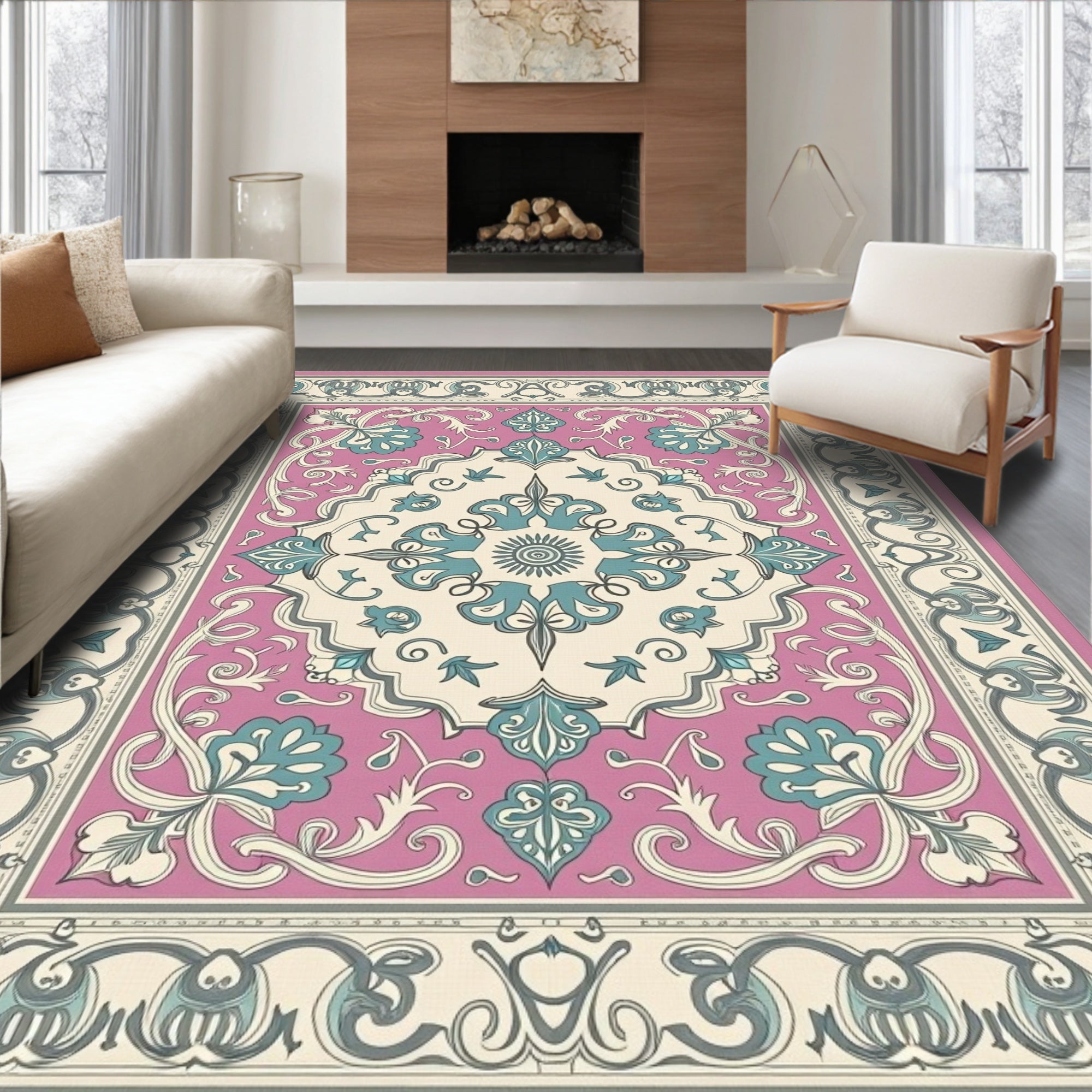Pinks and Teal Floral Scrollwork Rug