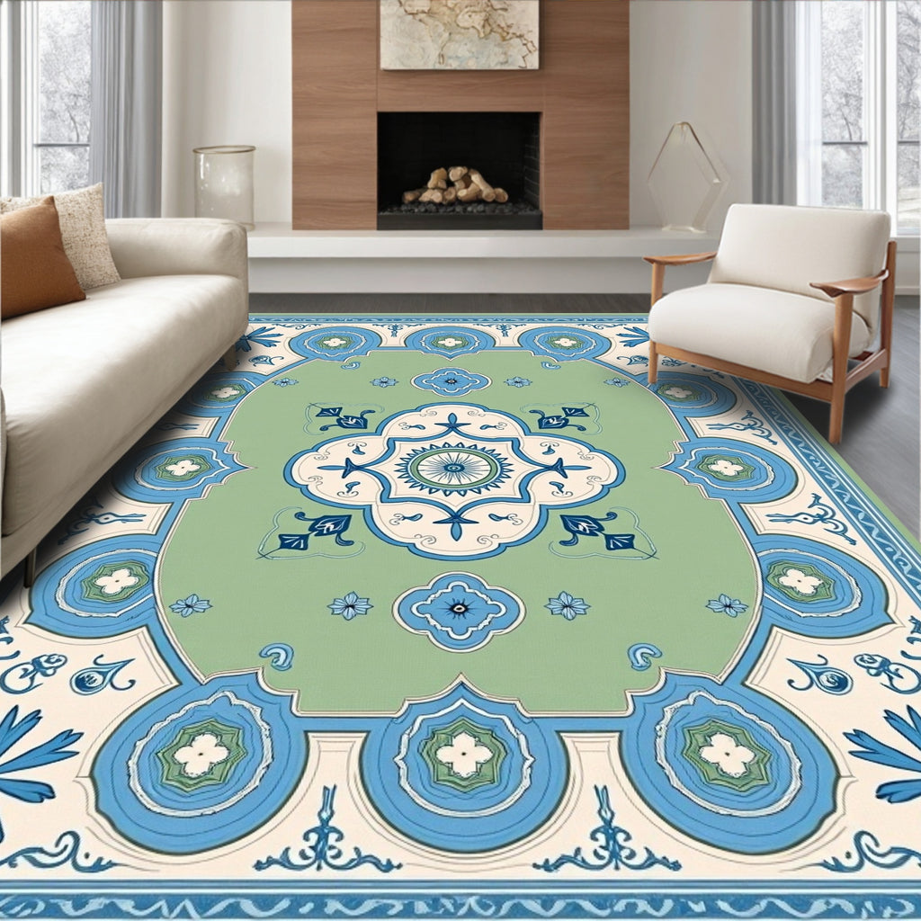 Ornate Floral Blue Cream Green Rug