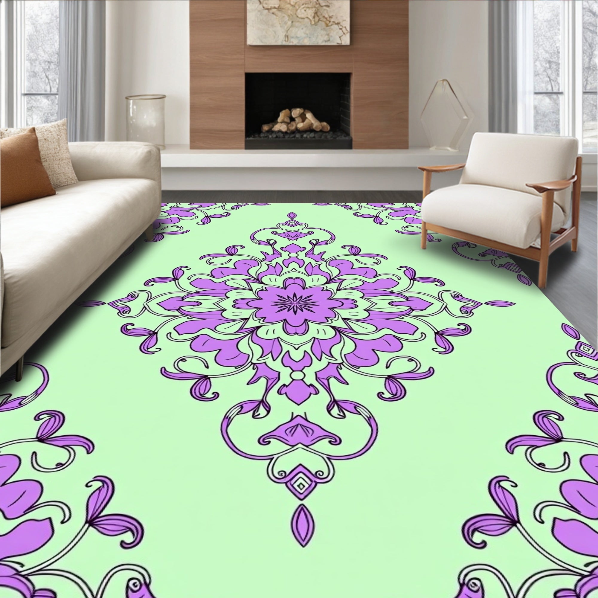 Light Green Lilac Mandala Pattern Rug