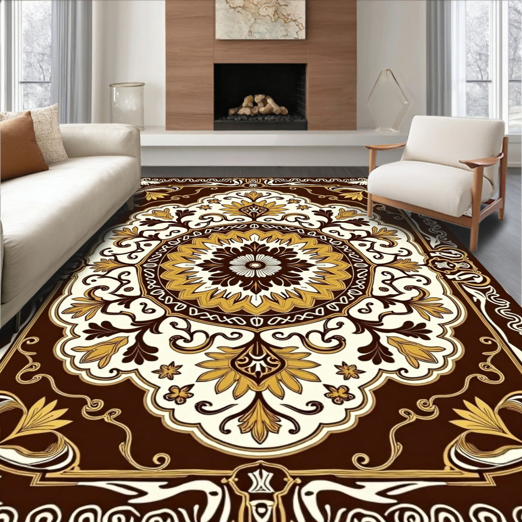 Rich Brown Gold Floral Mandala Rug
