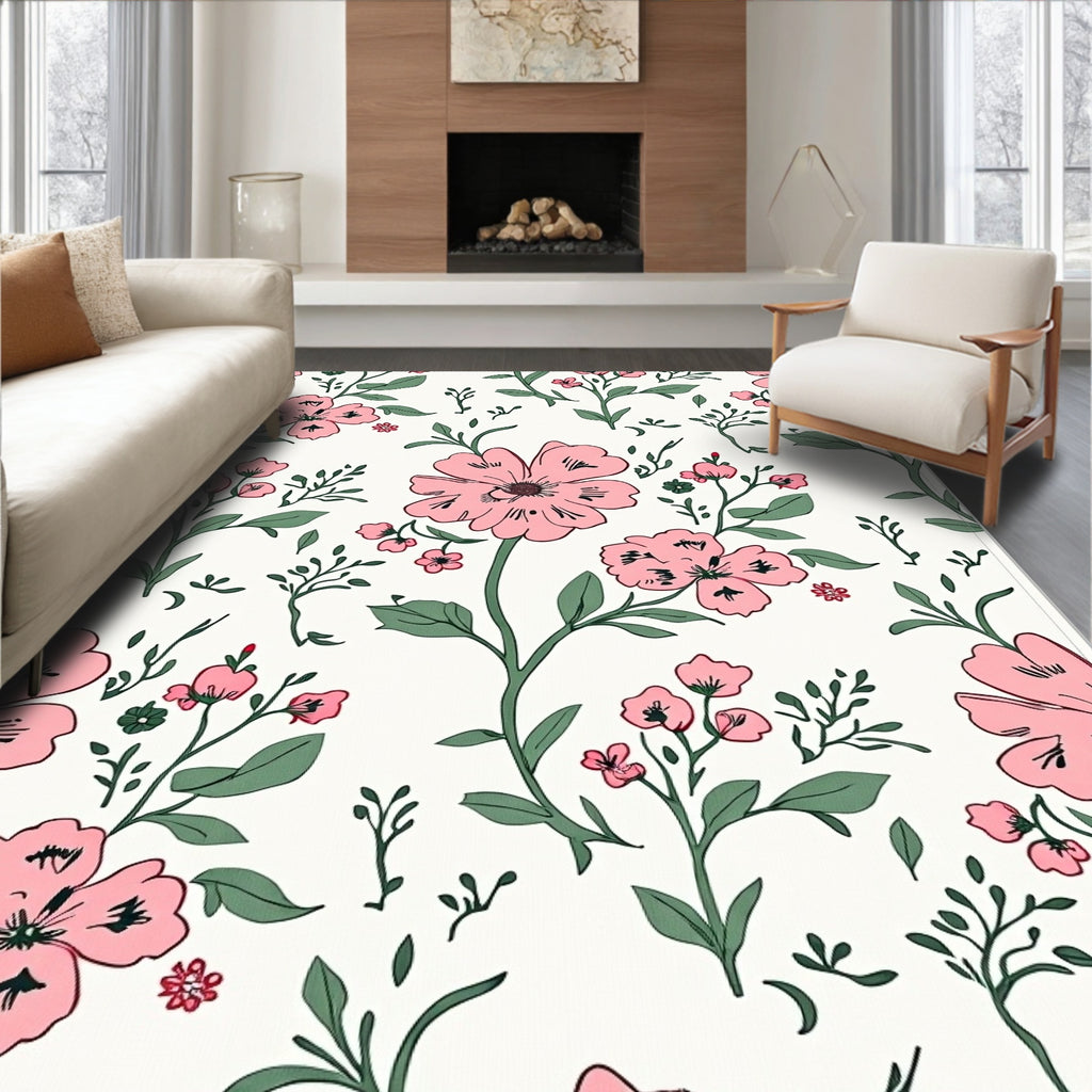 Sweet Pink Floral Botanical Motif Rug