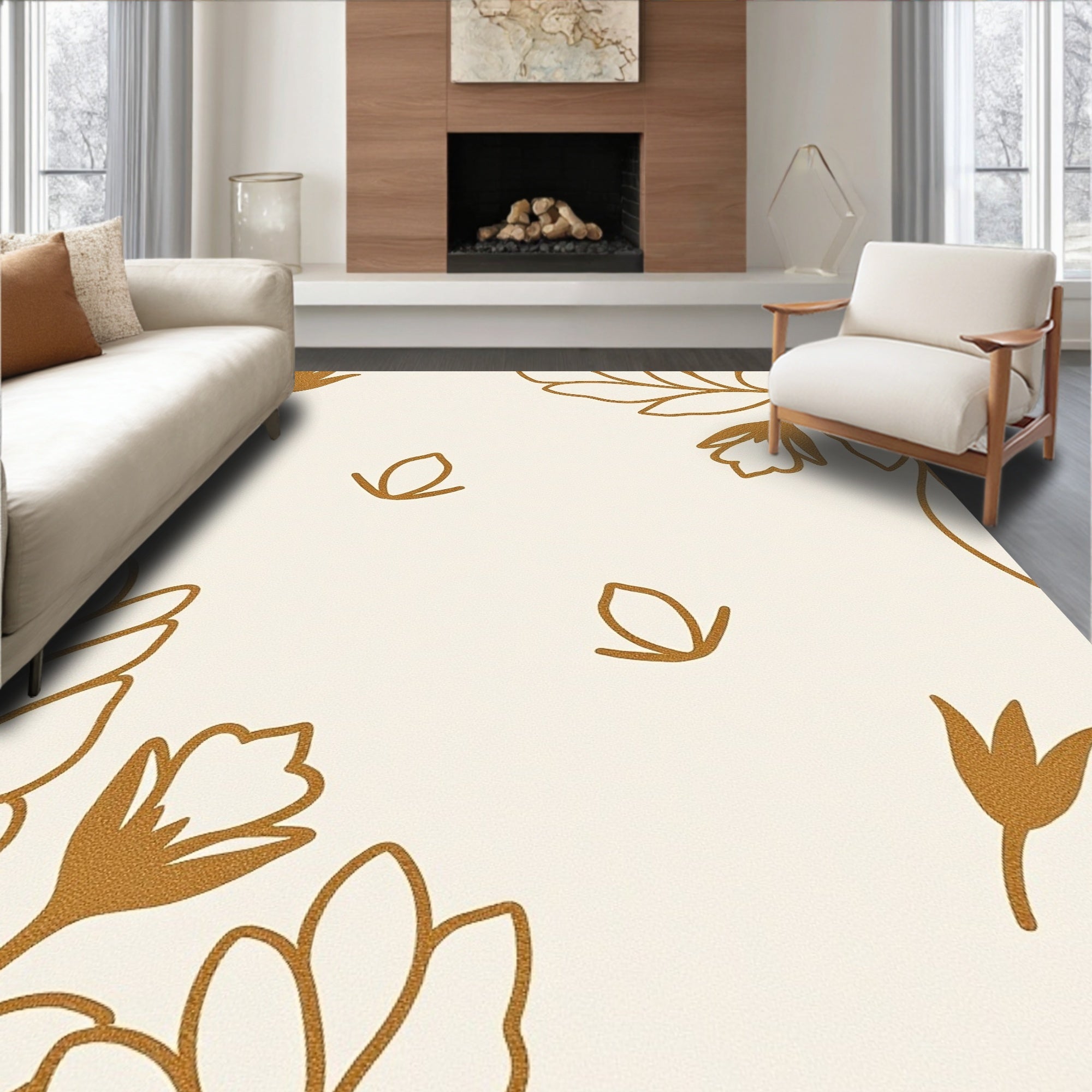 Earthy Outline Floral Botanical Pattern Rug