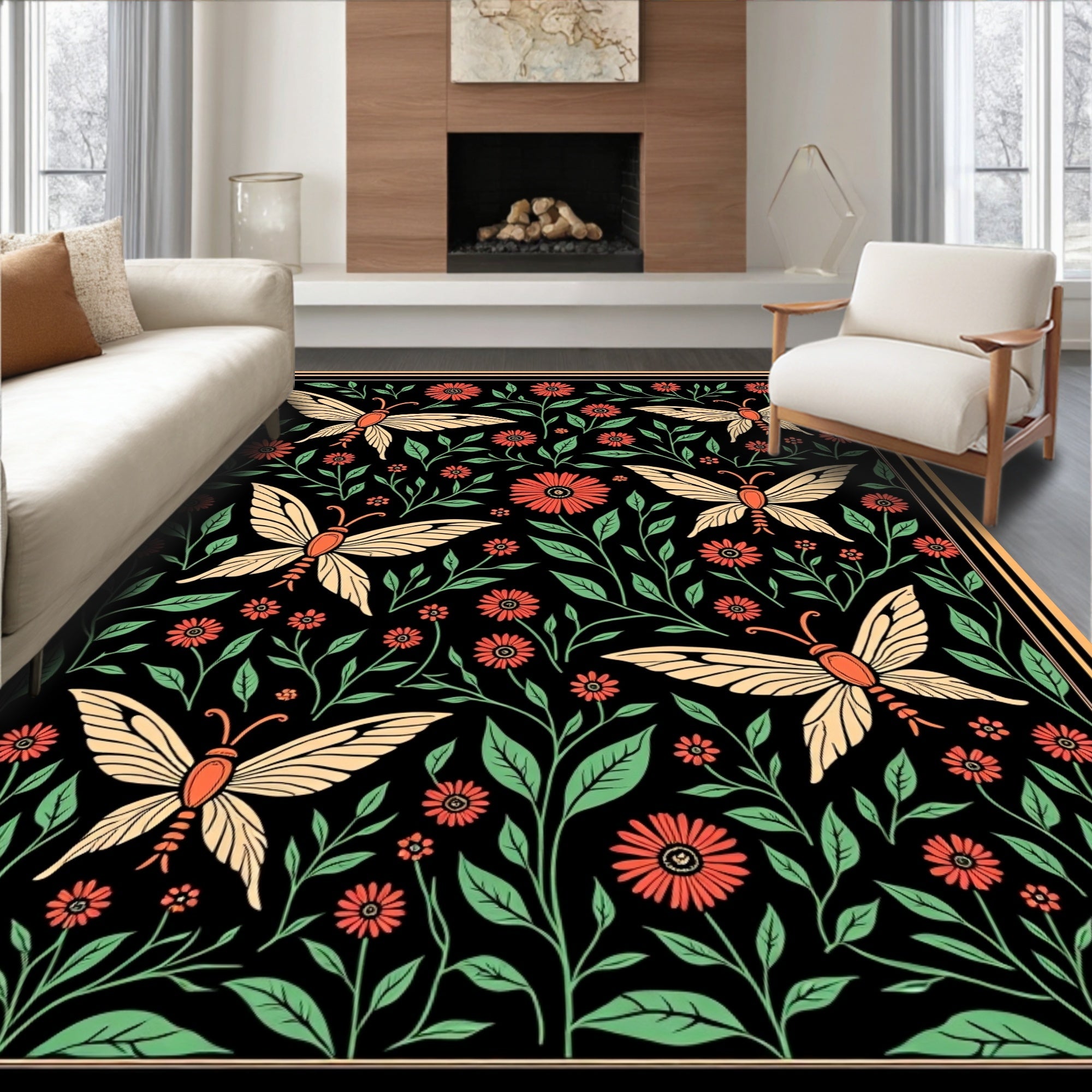 Vintage Butterfly and Floral Pattern Rug