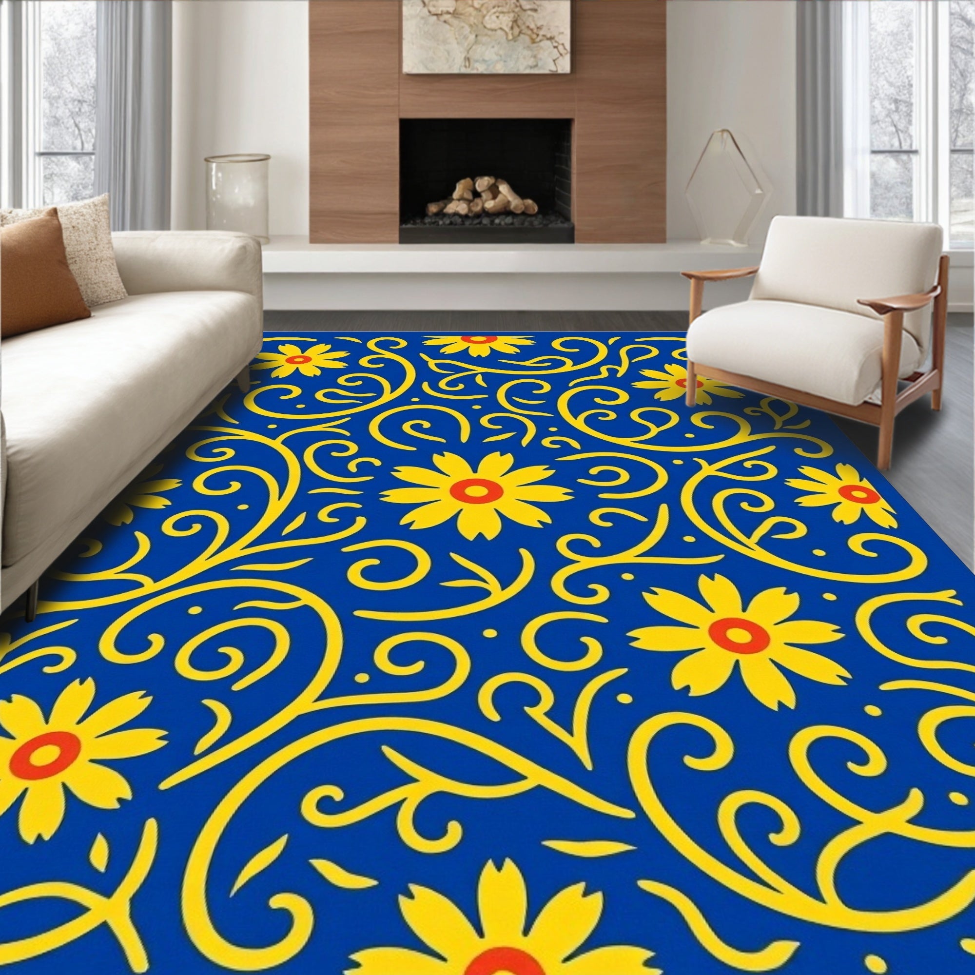 Vibrant Yellow Floral Swirls Rug