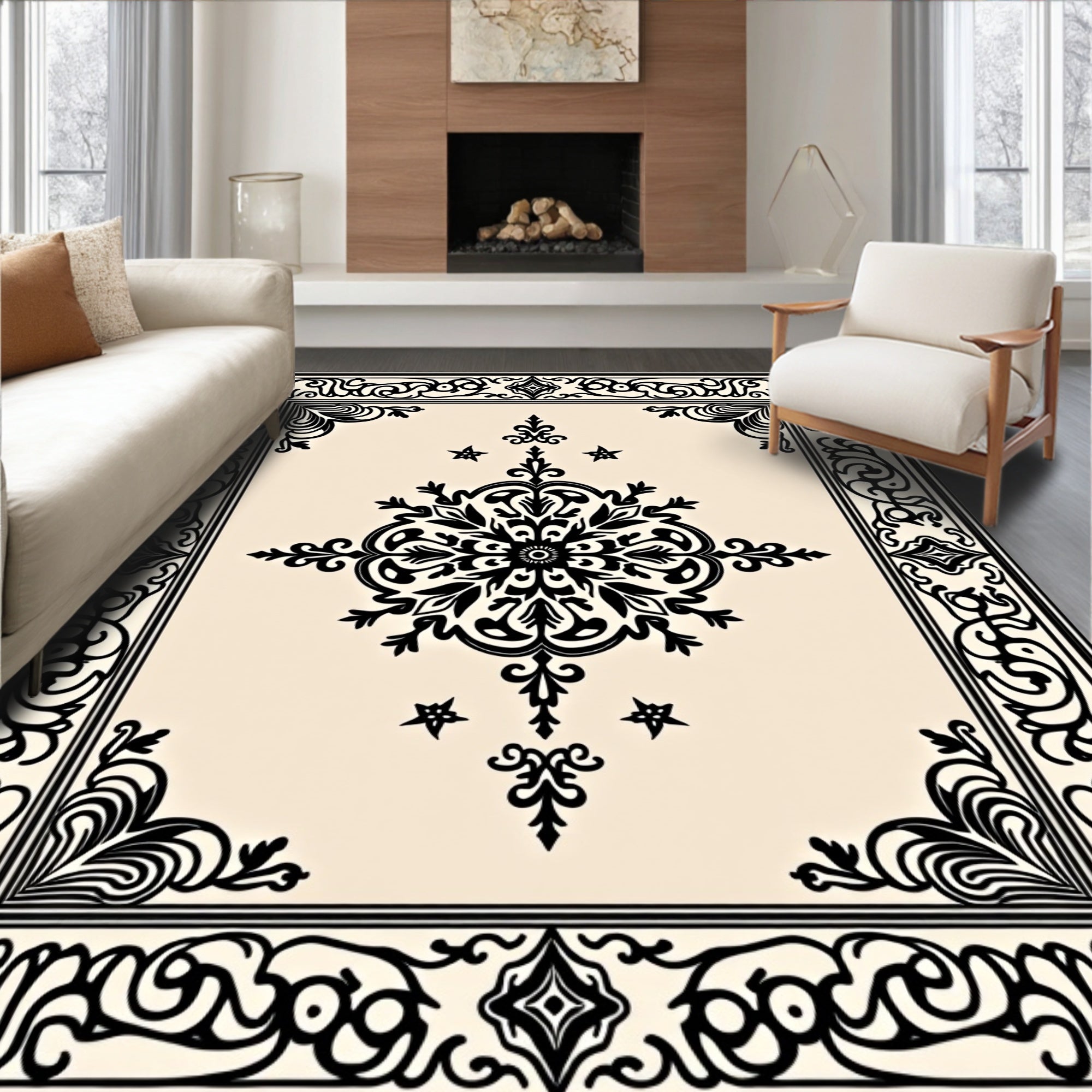 Ornate Black Floral Medallion Design Rug