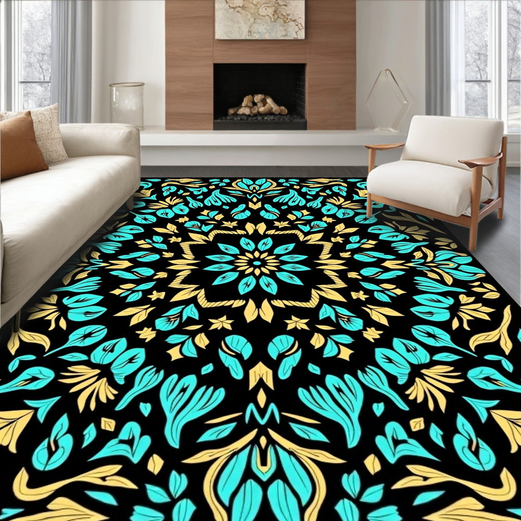 Aqua Gold Floral Mandala Design Rug
