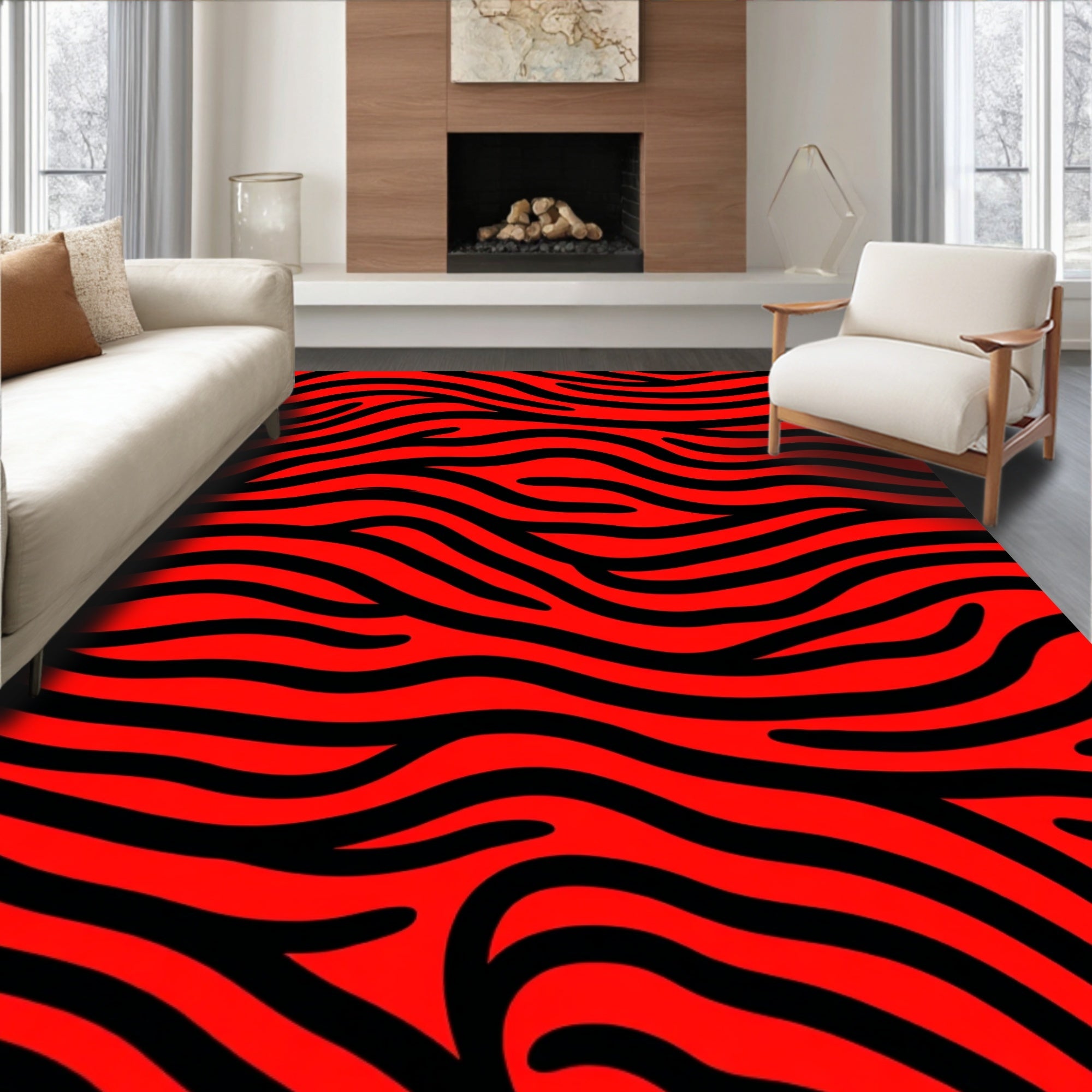 Vibrant Red Black Zebra Stripes Rug