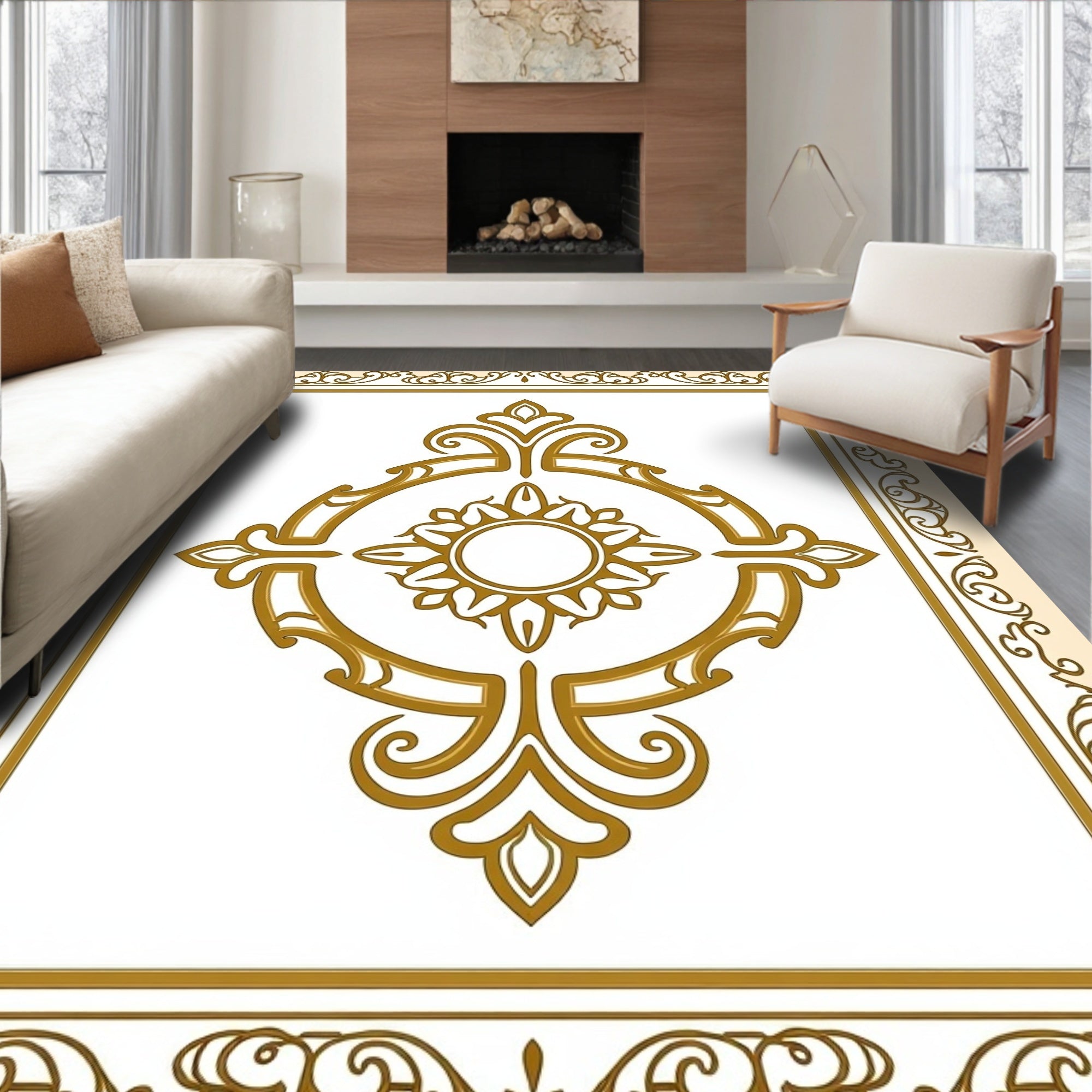 Ornate Golden Center Medallion Border Rug