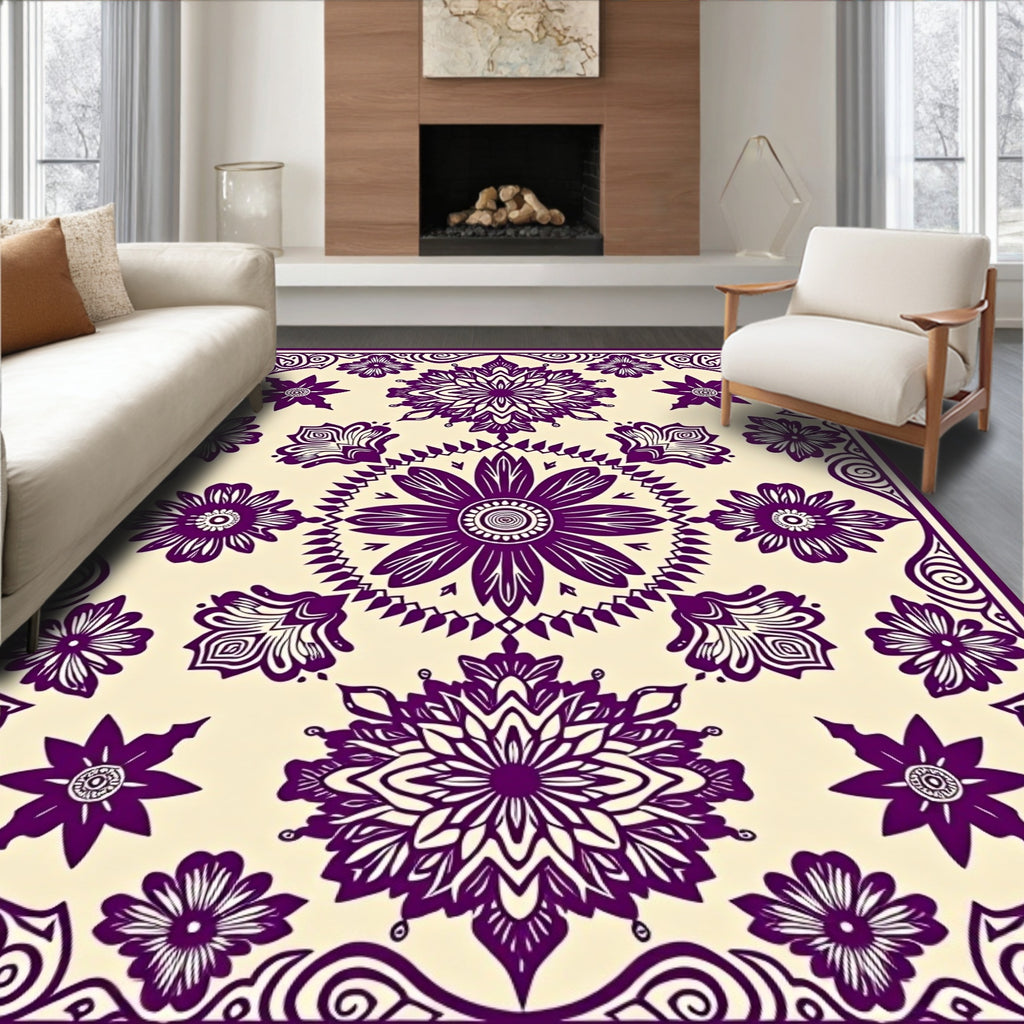 Floral Mandala Patterned Cream Rug
