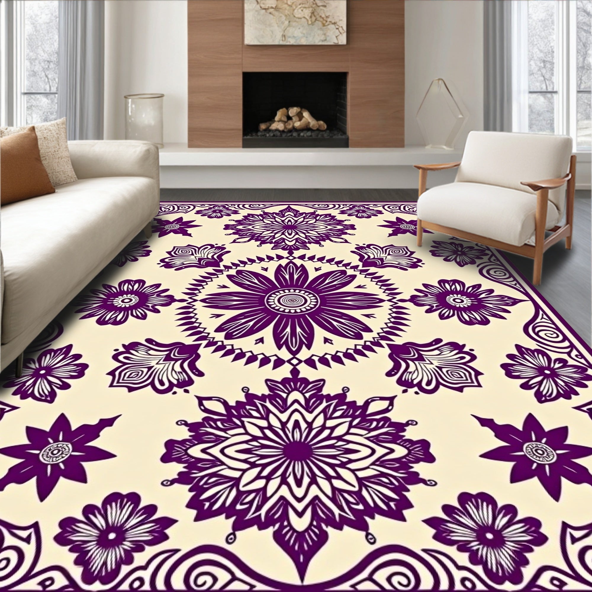 Floral Mandala Patterned Cream Rug
