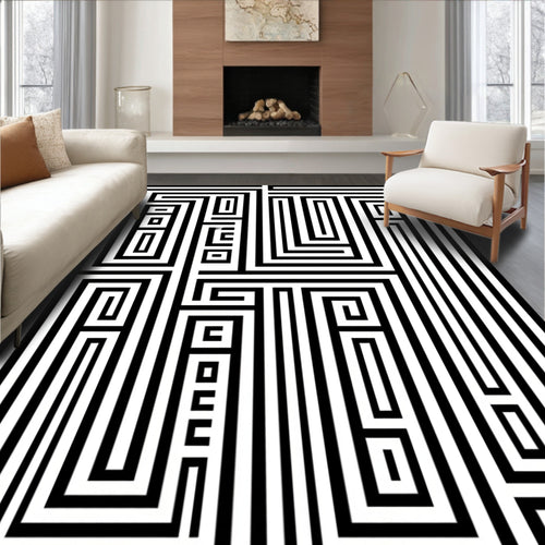 Black White Geometric Maze Pattern Rug