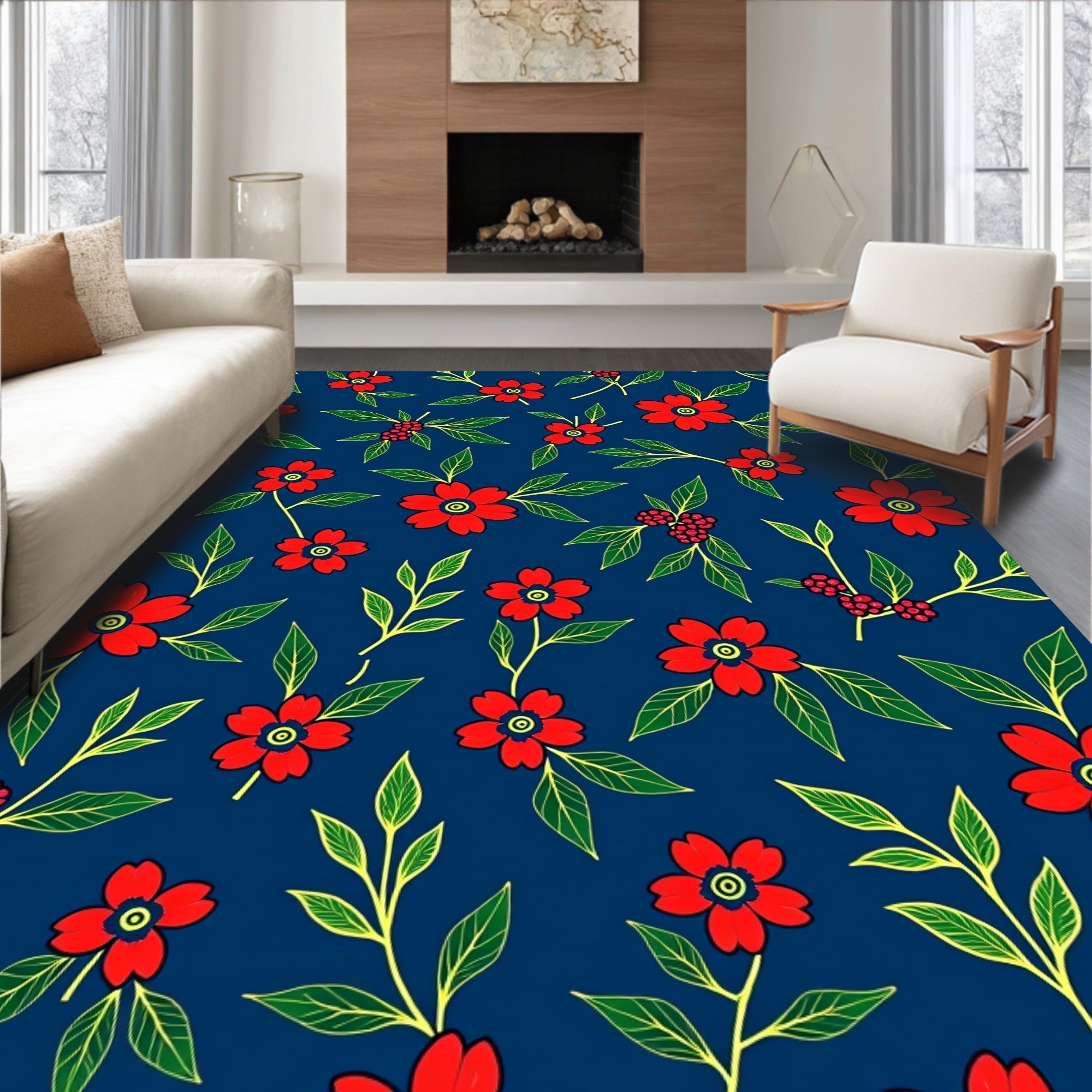 Red Floral Foliage On Navy Background Rug