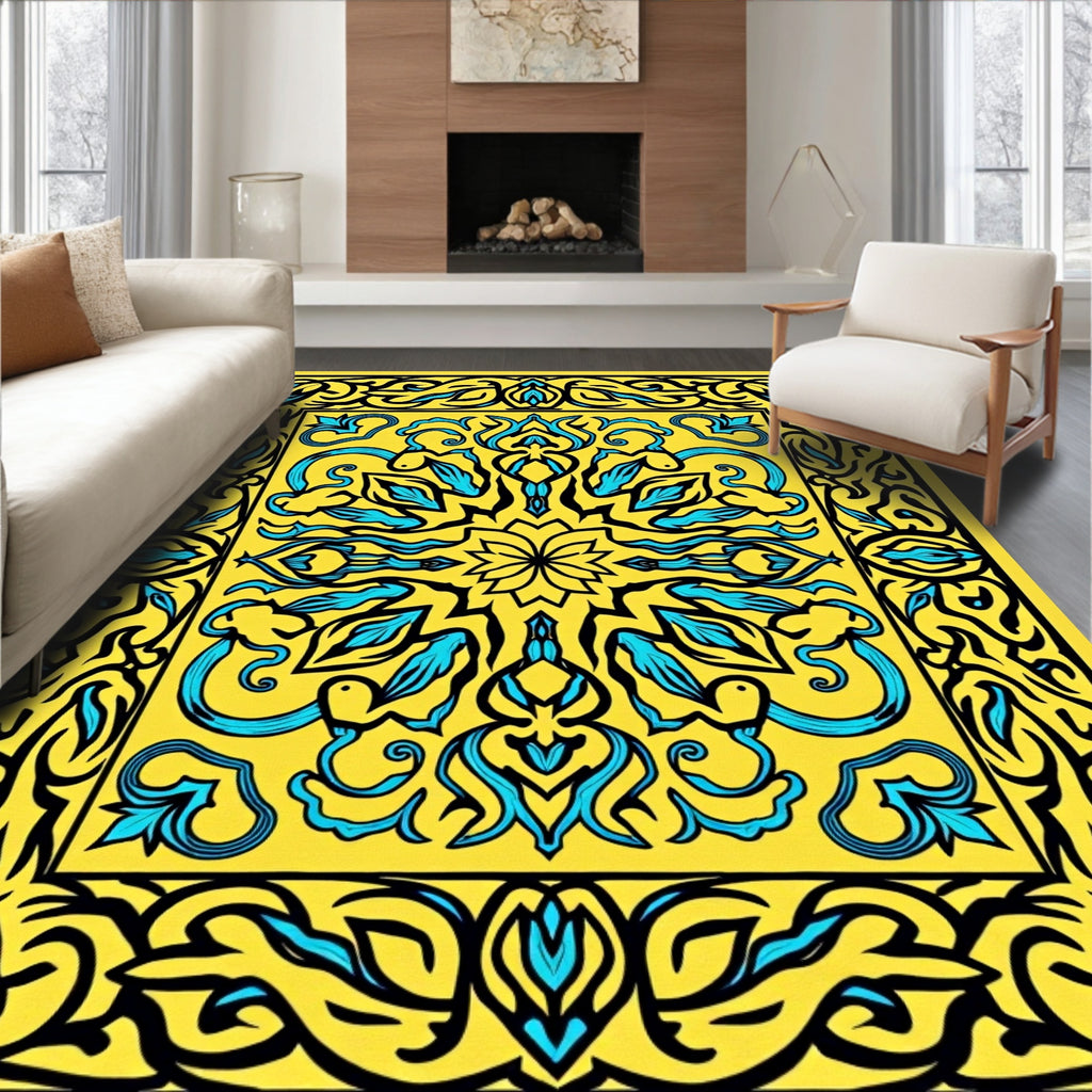 Vibrant Yellow Blue Floral Medallion Pattern Rug