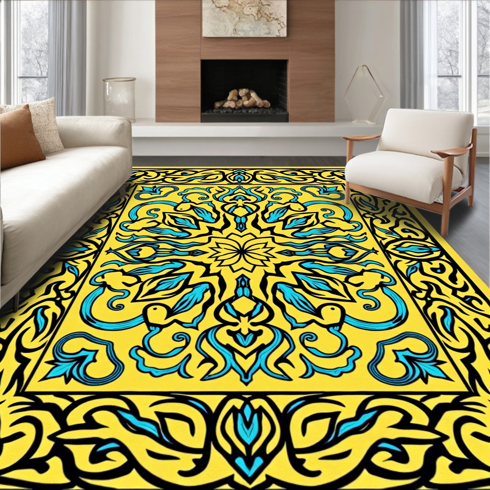 Vibrant Yellow Blue Floral Medallion Pattern Rug