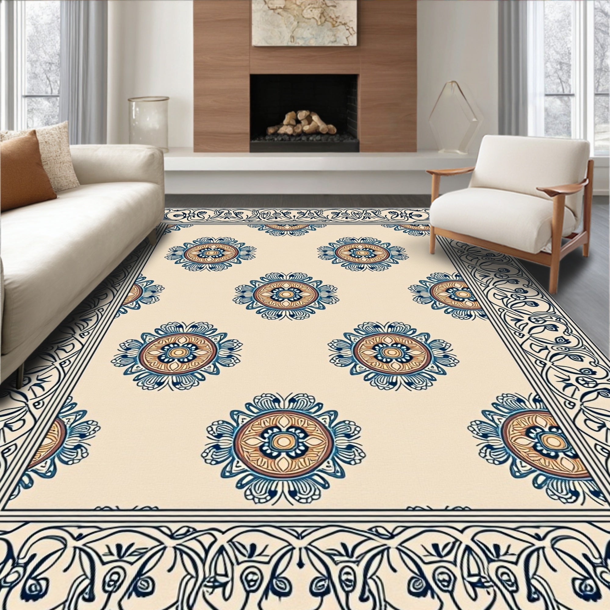 Classic Floral Medallion Border Design Rug