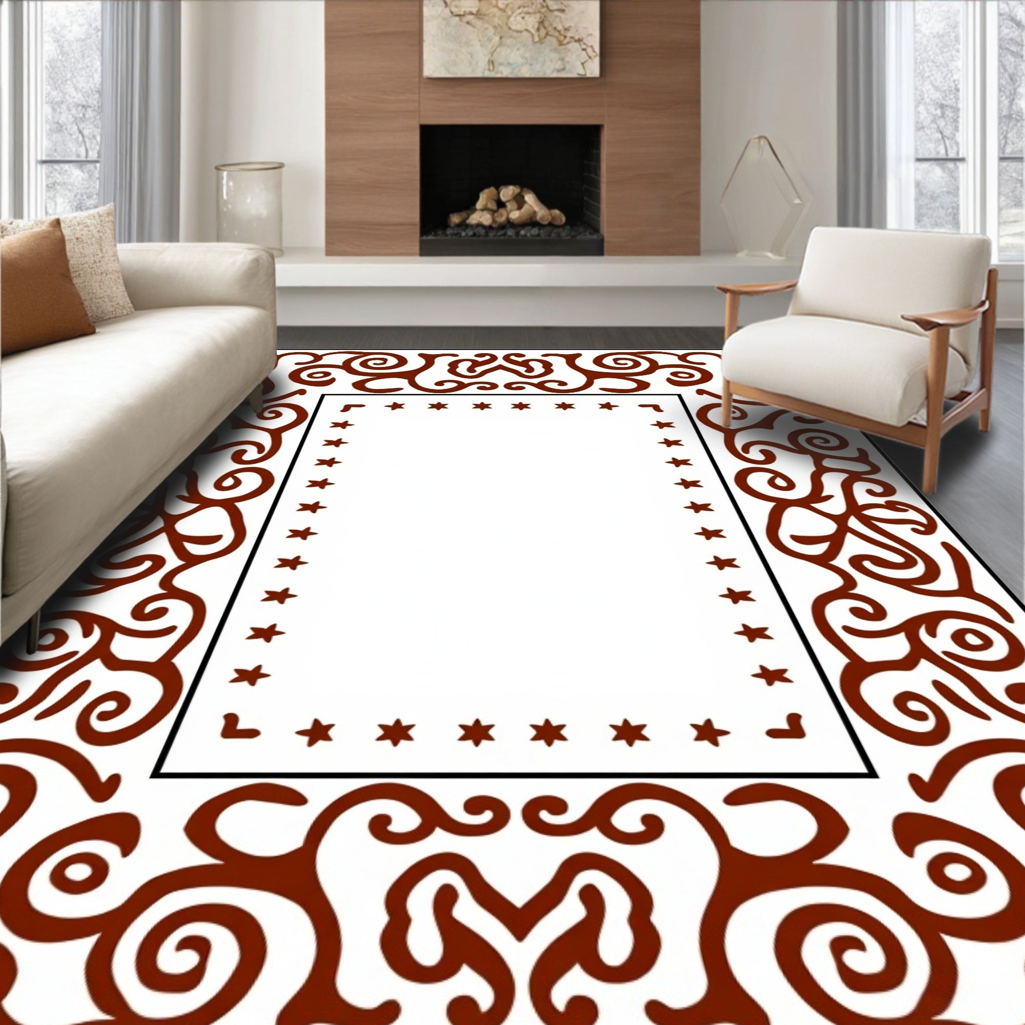 Ornate Scrollwork With Star Border Design Rug