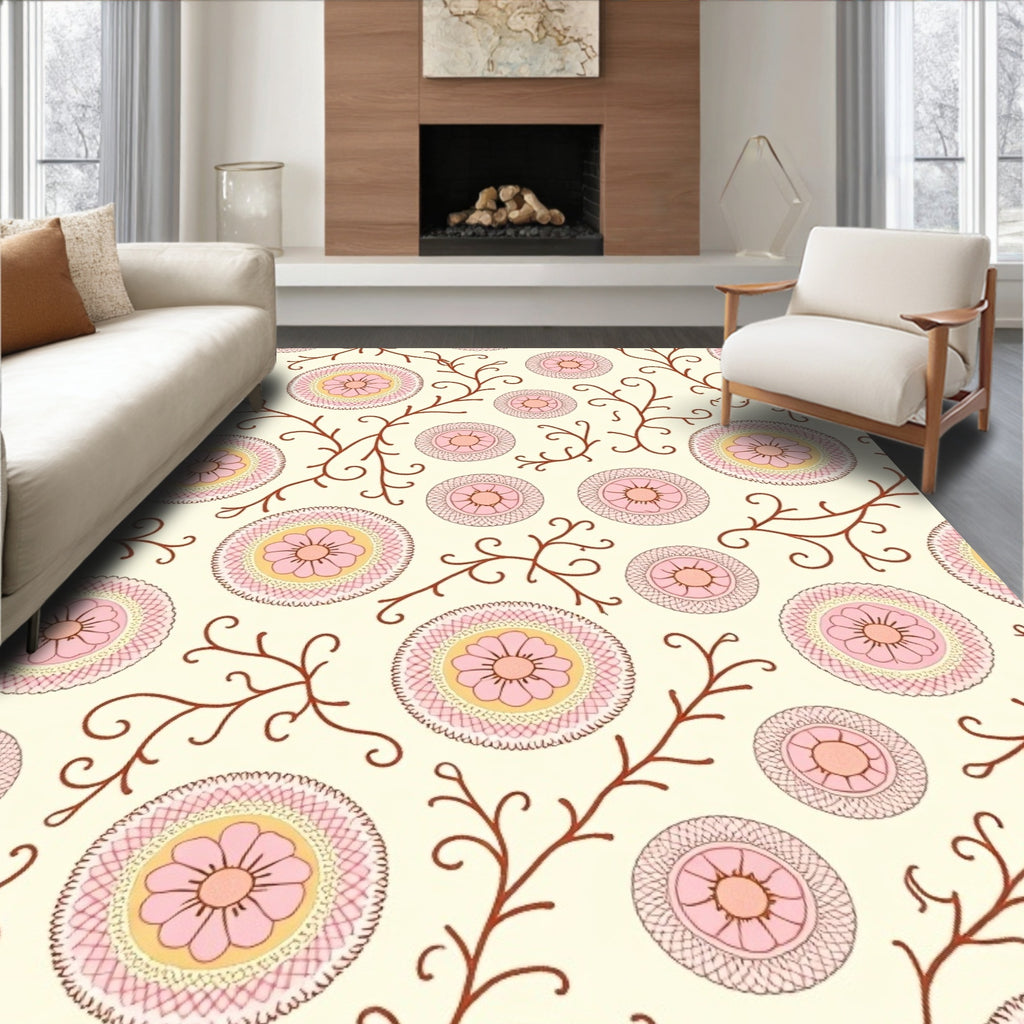 Pink Floral Scrollwork Pattern Design Rug