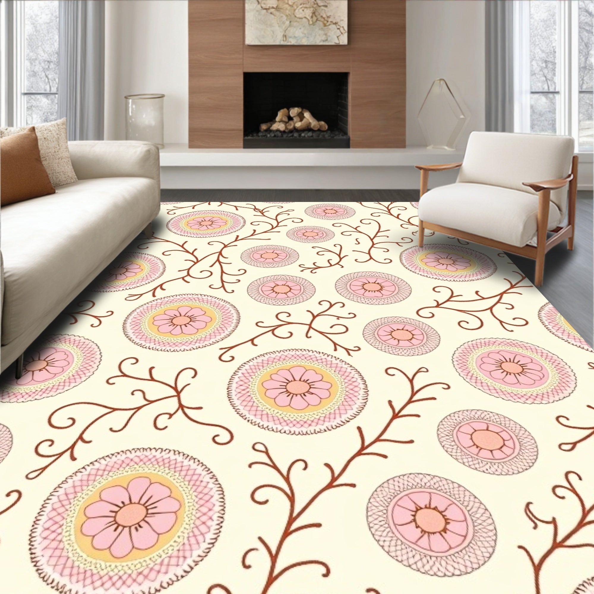 Pink Floral Scrollwork Pattern Design Rug