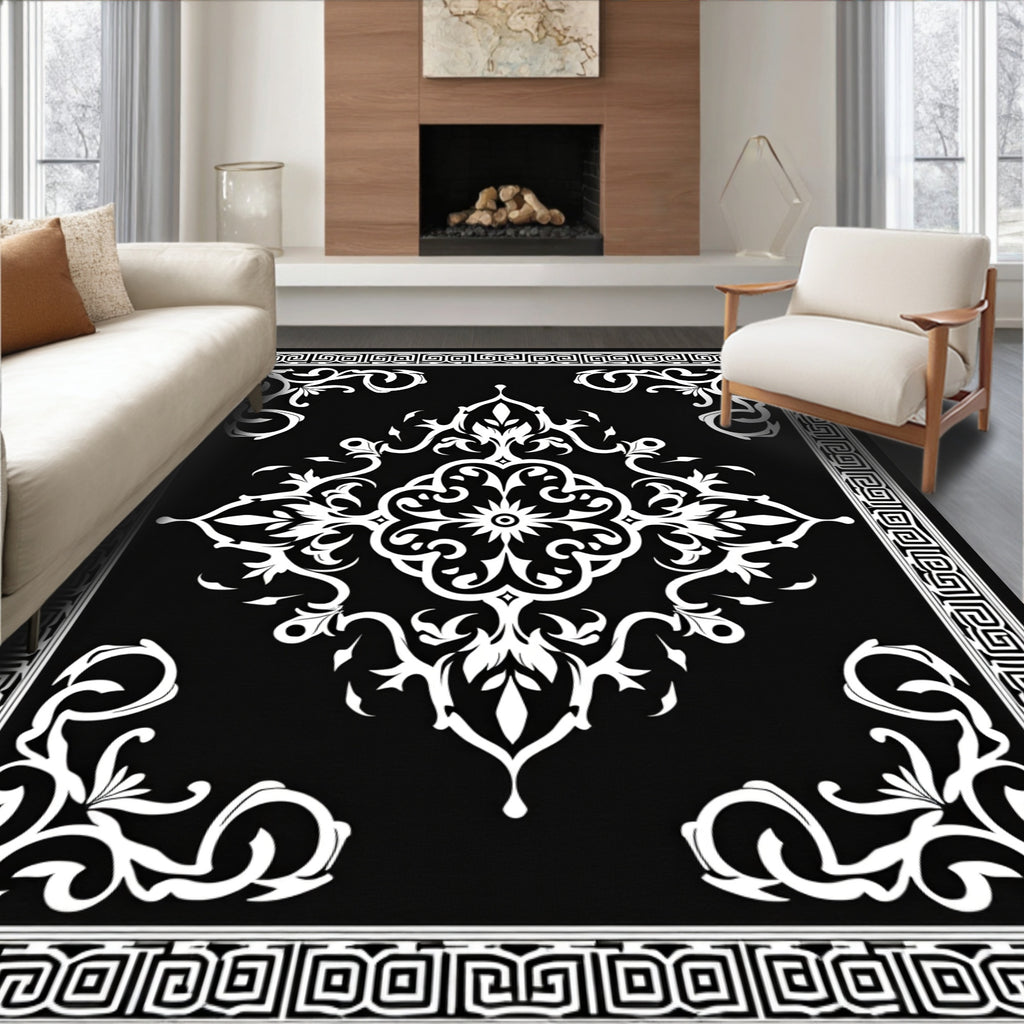 Black White Classical Scroll Pattern Rug