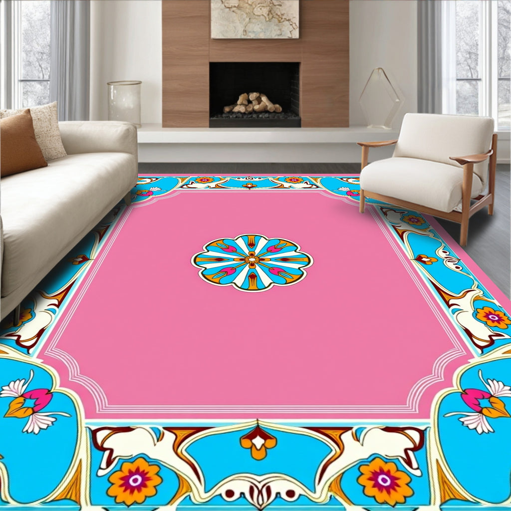 Vibrant Floral Scrollwork Border Design Rug